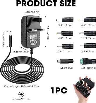 DC 5V 2A Power Adapter, 5V 2A Power Supply with 8 DC Plugs, Universal AC/DC Adapter 100-240V 50 60Hz for LED Strips CCTV Camera Router Audio Video Home Office Electronics, 10W Max