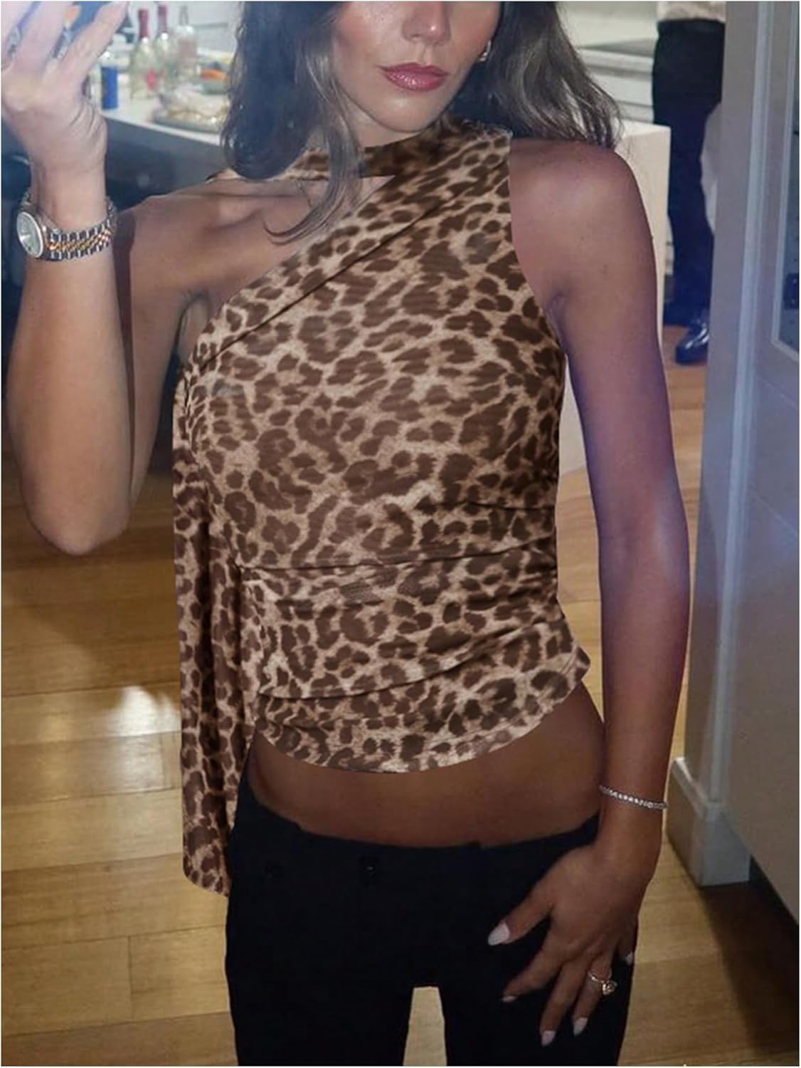 Women's Leopard Asymmetrical Halter Tops Sleeveless Slim Fit Summer Going Out Y2K Crop Tank Top - Image 2