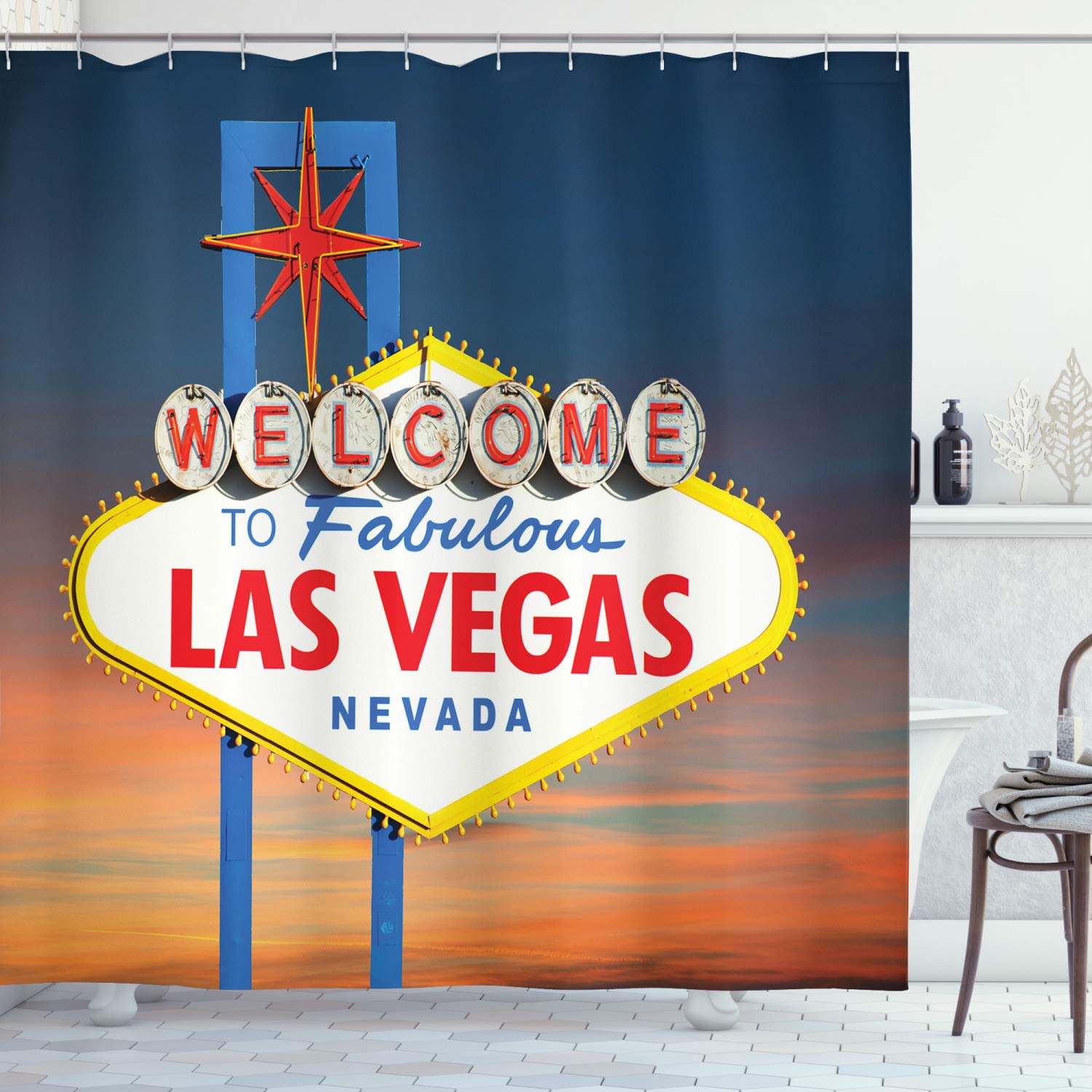 (180cm W By 180cm L, Multi 13) - Welcome to Fabulous Las Vegas Nevada Sign Picture Traveller Urban Road Decor Design Art Print Fabric Shower Curtain - Machine Washable Navy Blue Red Yellow Orange W...