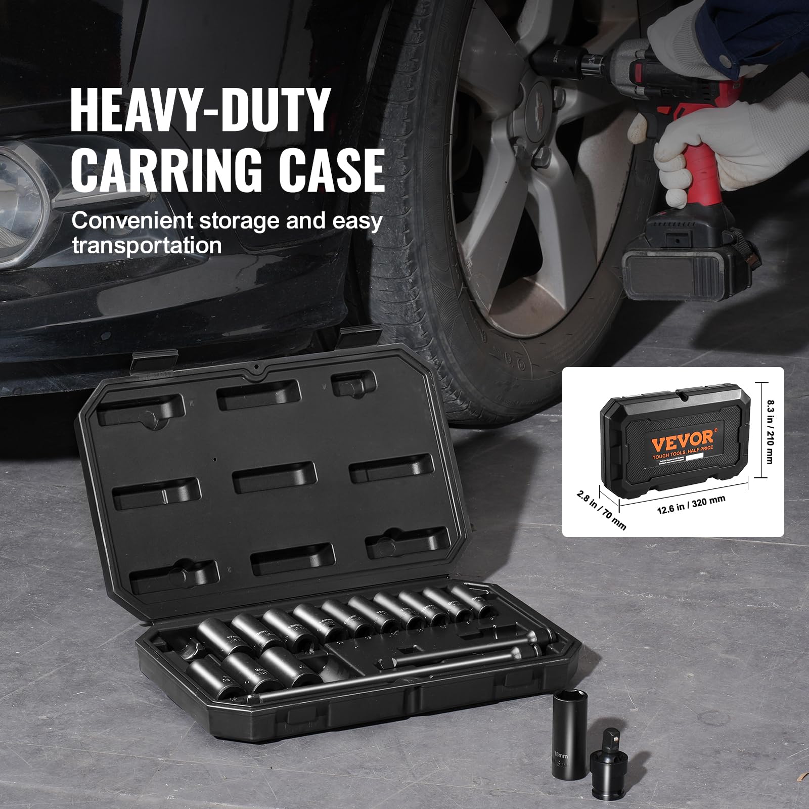 VEVOR Set Bussole a Impatto da 3/8", Set Bussole Profonde da 18 Pezzi, Metriche da 8 a 22 mm, Acciaio Legato CR-V a 6 Punte per Riparazioni Auto, Marcature Dimensioni Struttura Robusta con Valigetta
