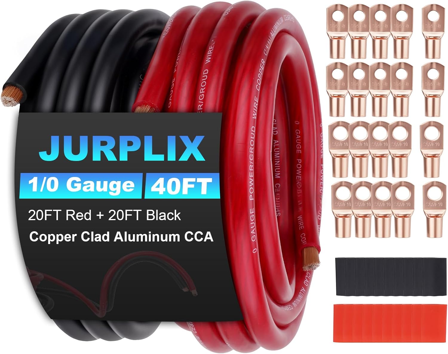 1/0 Gauge Wire 1/0 AWG Battery Cable (20FT Red+20FT Black), Copper Clad Aluminum CCA Amp Wiring Kit, Automotive Wire with Terminals Connectors, for Car Audio Speaker, Marine, RV Trailer