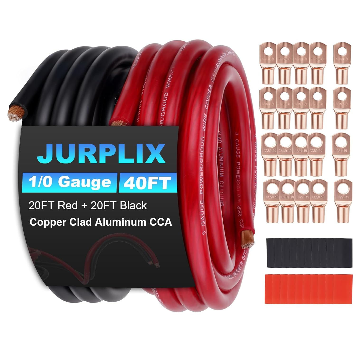 1/0 Gauge Wire 1/0 AWG Battery Cable (20FT Red+20FT Black), Copper Clad Aluminum CCA Amp Wiring Kit, Automotive Wire with Terminals Connectors, for Car Audio Speaker, Marine, RV Trailer, Welding Cable