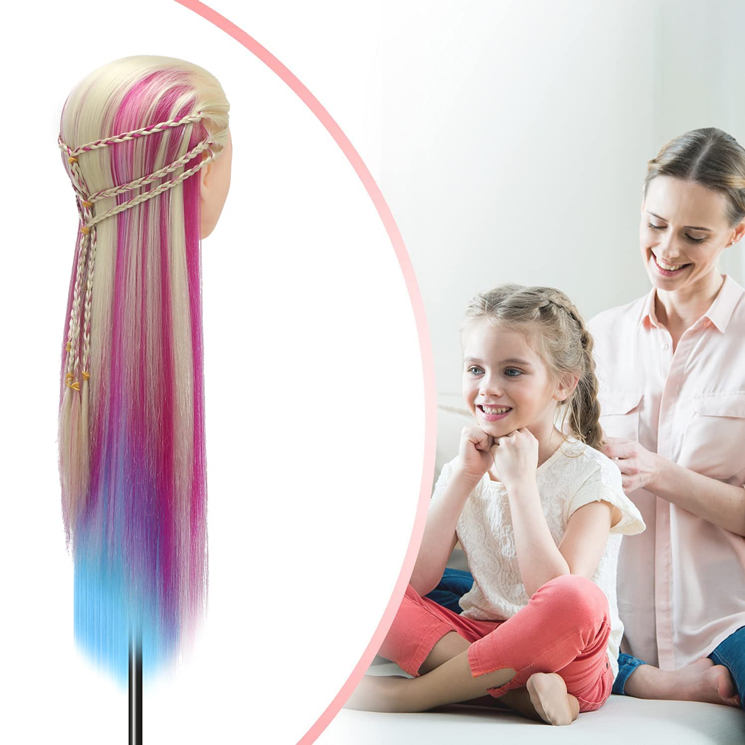 Trainingsköpfe, 28 inch Übungskopf Frisierkopf Friseur 100% Synthetikfaser-Haar Styling Kopf Frisierkopf für Frisöre mit kostenloser Klemme und DIY Flechtset (Bunt)