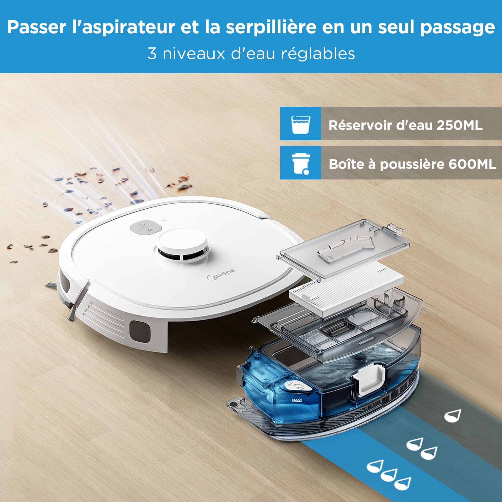 Midea M6 Aspirateur Robot Laveur Poils Animaux,Aspirateur Robot 2 en 1,Navigation LiDAR,140min d'Autonomie,2000Pa,Alexa/WiFi/APP/Télécommande Contrôlé,Idéal pour Les Poils d'animaux Tapis Sols Durs