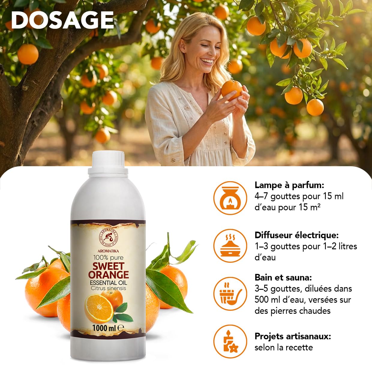 Huile Essentielle D'orange Douce 1000 ml - Citrus Sinensis - Huile d’orange pour Diffuseur et Lampe Aroma - le Savon et les Bougies - Sauna - Parfums d'Intérieur - Arôme d'agrumes - Aromathérapie