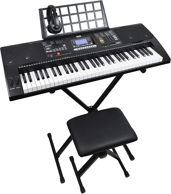 Axus AXP2PK 61 Key Beginner Touch Sensitive Electronic Keyboard Piano Package for Students with Stand, Stool, Headphones, Power Supply and Music Rest,Black
