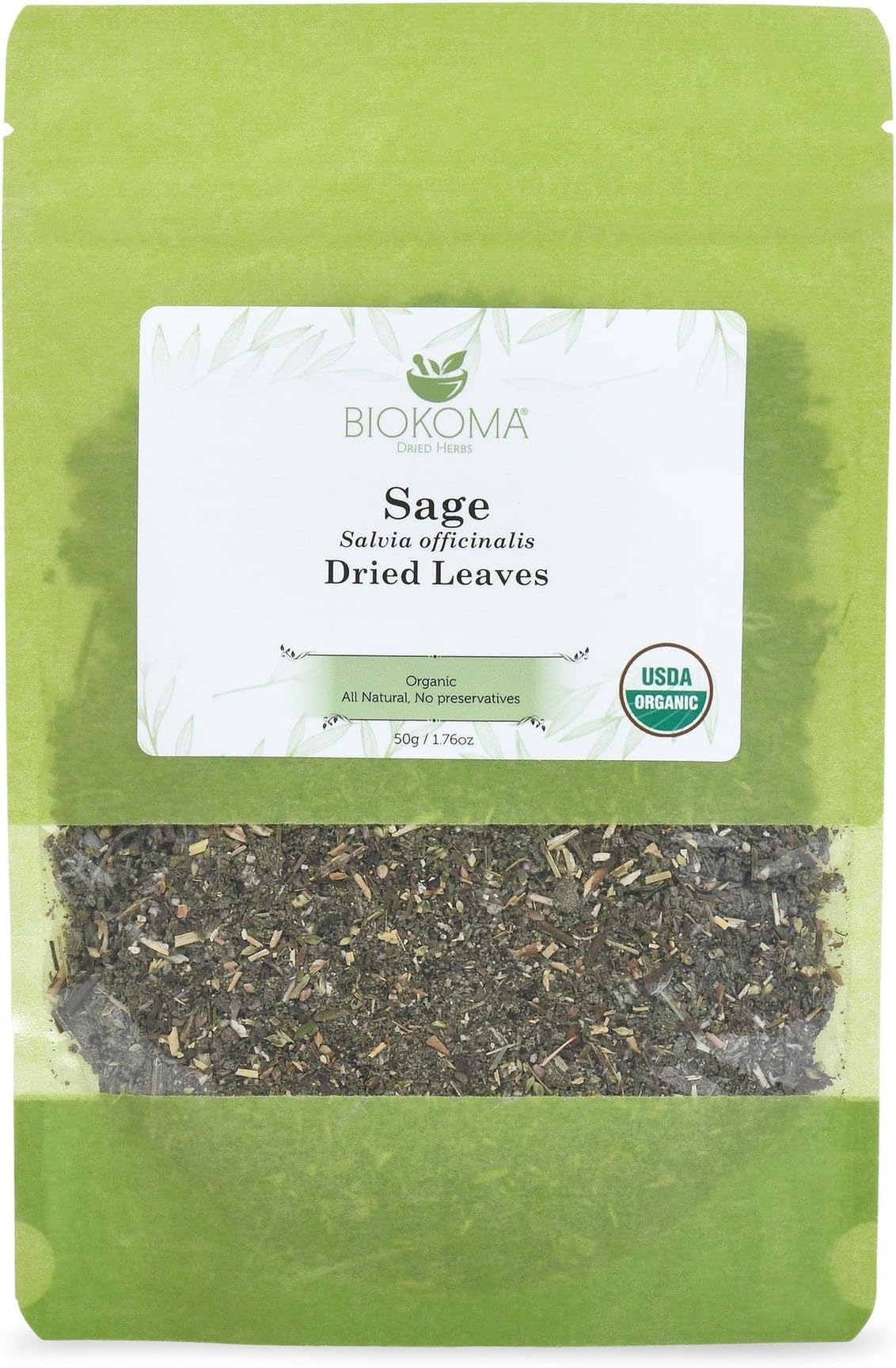 Biokoma Organic Sage Leaves 50g 1.76oz Dried Salvia officinalis Loose Leaf USDA Organic Herbal Tea Balance Mental Clarity Culinary Seasoning Resealable Pouch No Additives & Preservatives No GMO Kosher