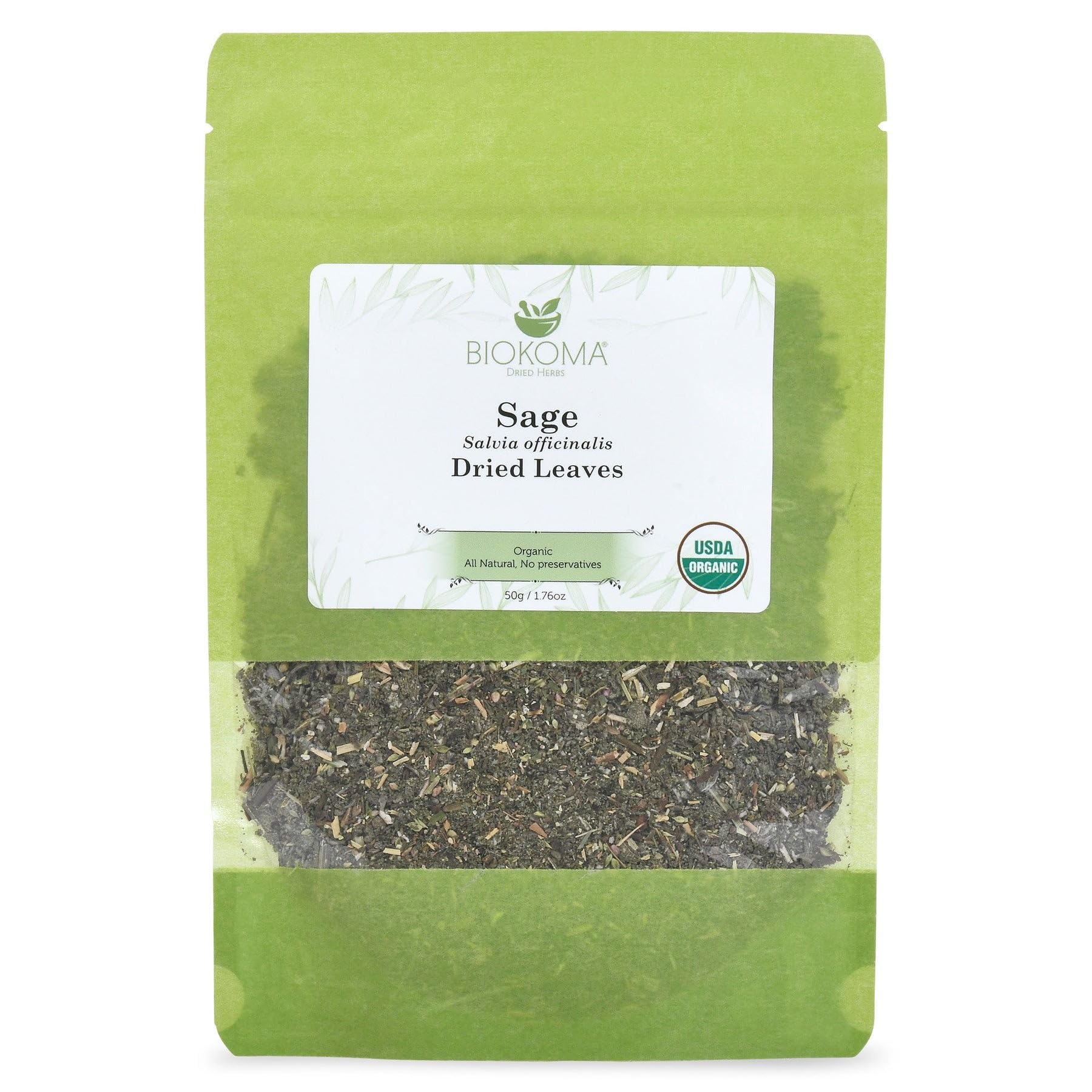- Biokoma Organic Sage Dried Leaves 50g (1.76oz) In Resealable Moisture Proof Pouch, USDA Certified Organic - Herbal Tea, No Additives, No Preservatives, No GMO, Kosher