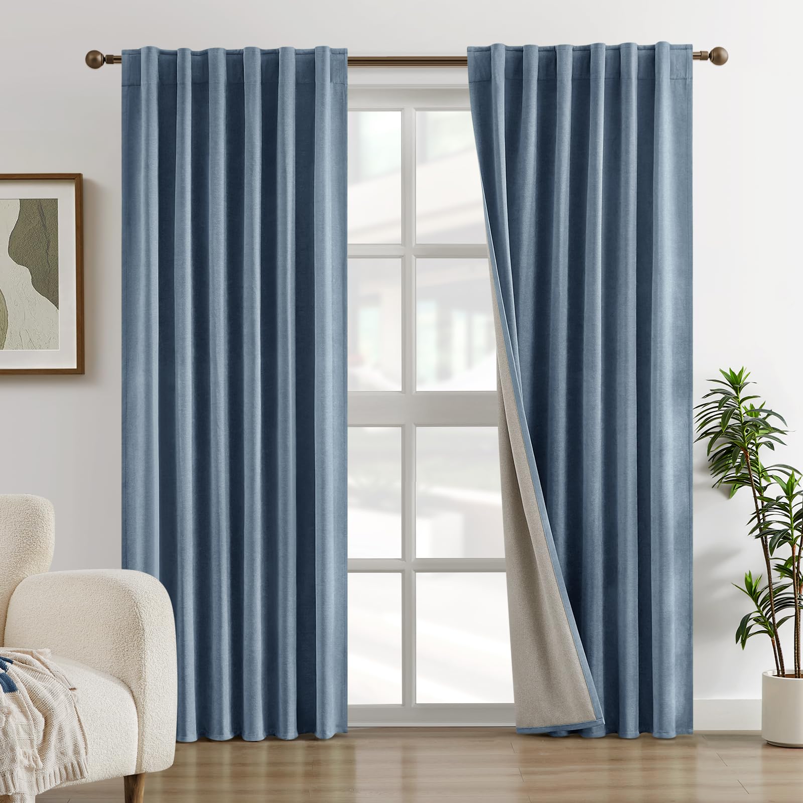 RYB HOME Blackout Velvet Curtains - Thermal Insulated, Noise Reducing, 52x84 Inches, Set Of 2, Stone Blue