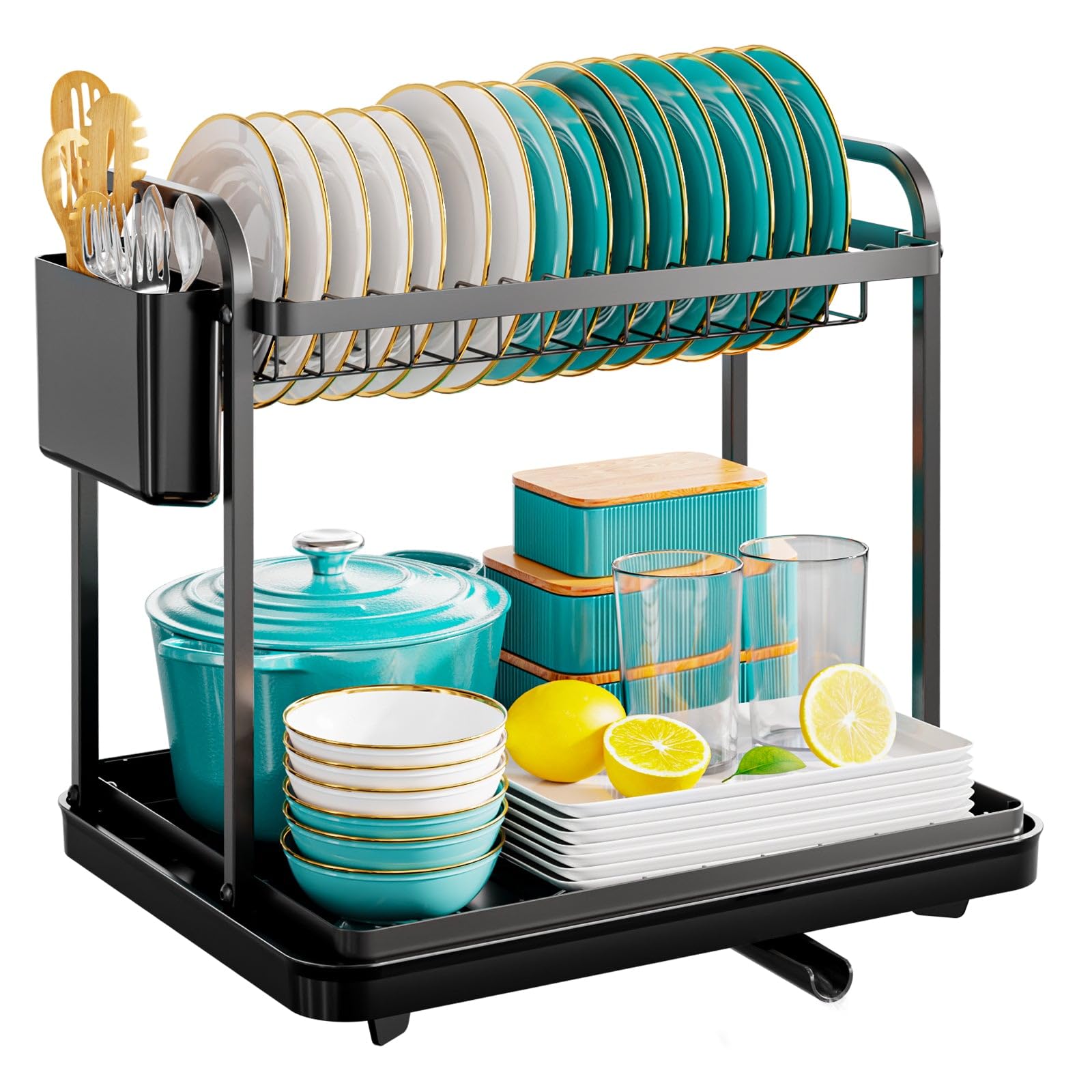 VacplusStainless Steel Dish Drying Rack - 2-Tier Kitchen Counter Organizer with Drainboard and Utensil Holder