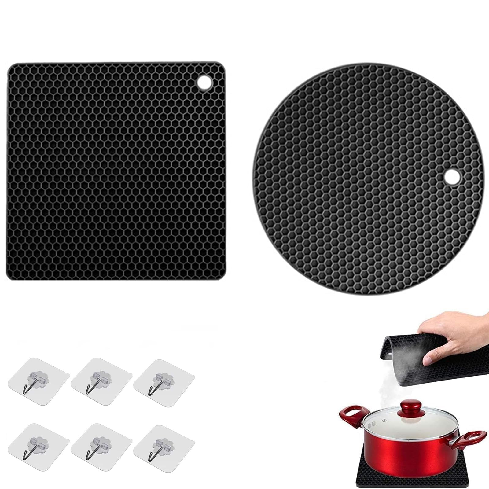 2 Pack Silicone Trivet Mats,Squared and Round,Heat Resistant Multi-purpose None slip Table Place Mats, Non Slip, Flexible, Durable for Kitchen Counter, Tables, Hot Dishes, Hot Pats, Pans Black