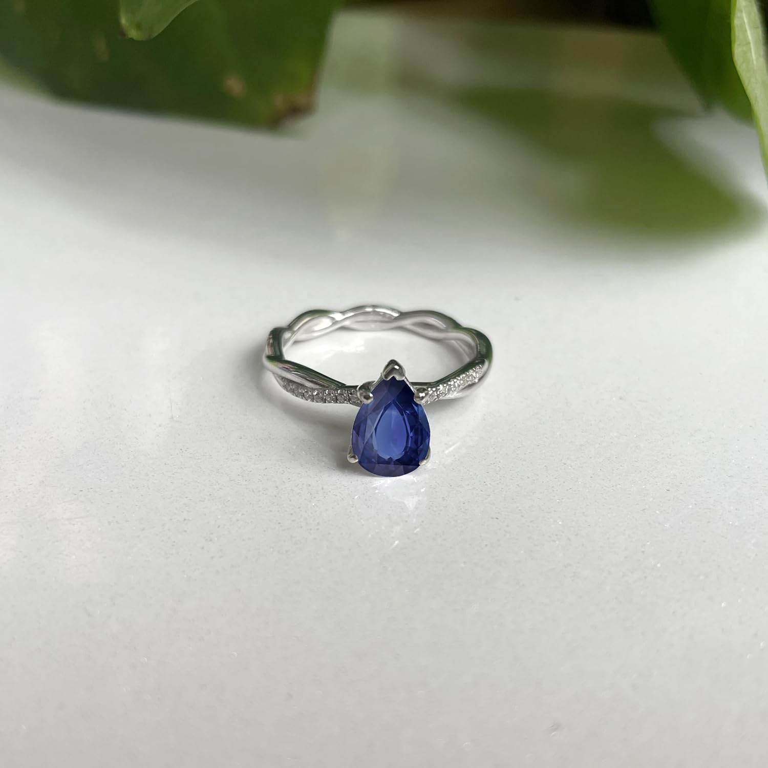 1 Carat Pear Cut Blue Sapphire & Diamond Twisted Solitaire With Accent Engagement Ring For Women, 14K Gold Plated 925 Silver September Birthstone Swirl Bypass Bridal Side Stone Ring