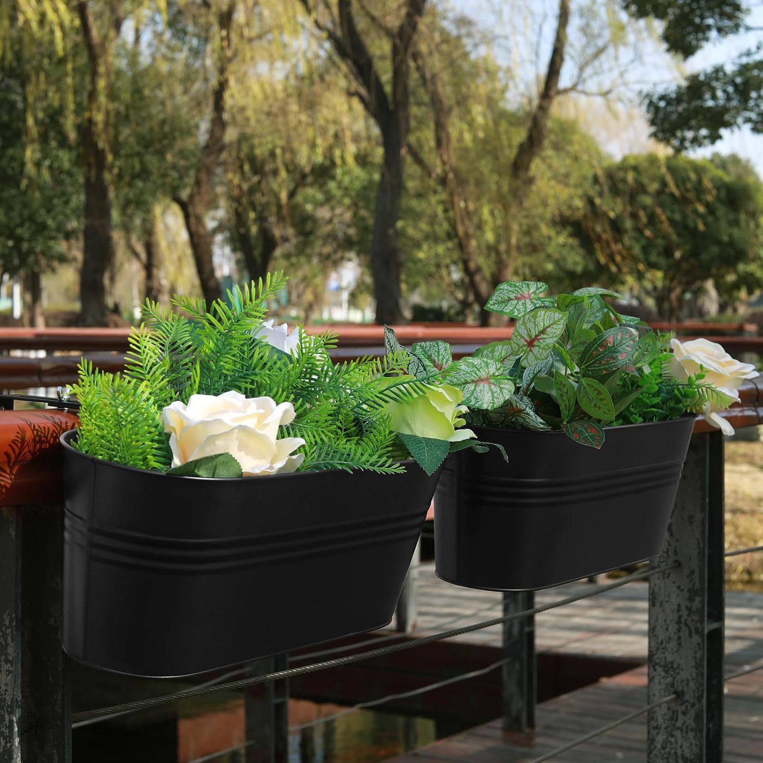 Railing Planter Box 16 Inch Metal Balcony Planters with Adjustable Brackets and Drainage Window Balcony Fence Deck Hanging Flower Pots for Outdoor Plants Apartment Patio Decor Black(4PCS)