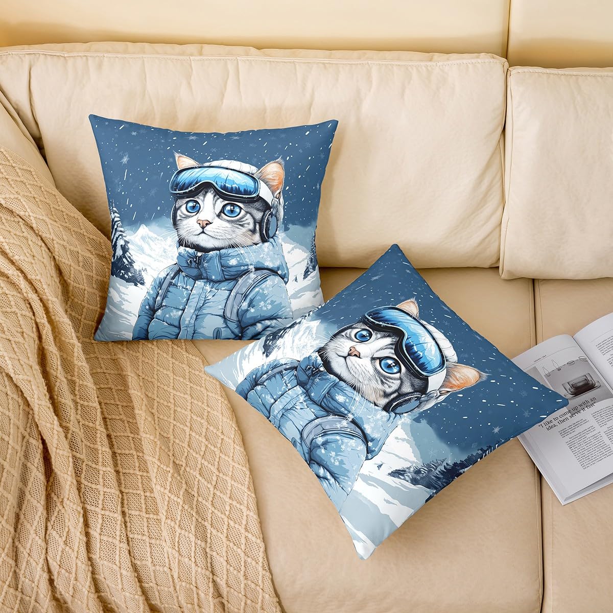 Homewish Cute Skier Cat Pillow Cover 16x16 Inch Winter White Snow Mountain Blue Sky Cushion Cover for Kids Boys Girls Teens Fashion Cool Animal Skiing Theme Cushion Case for Office RV