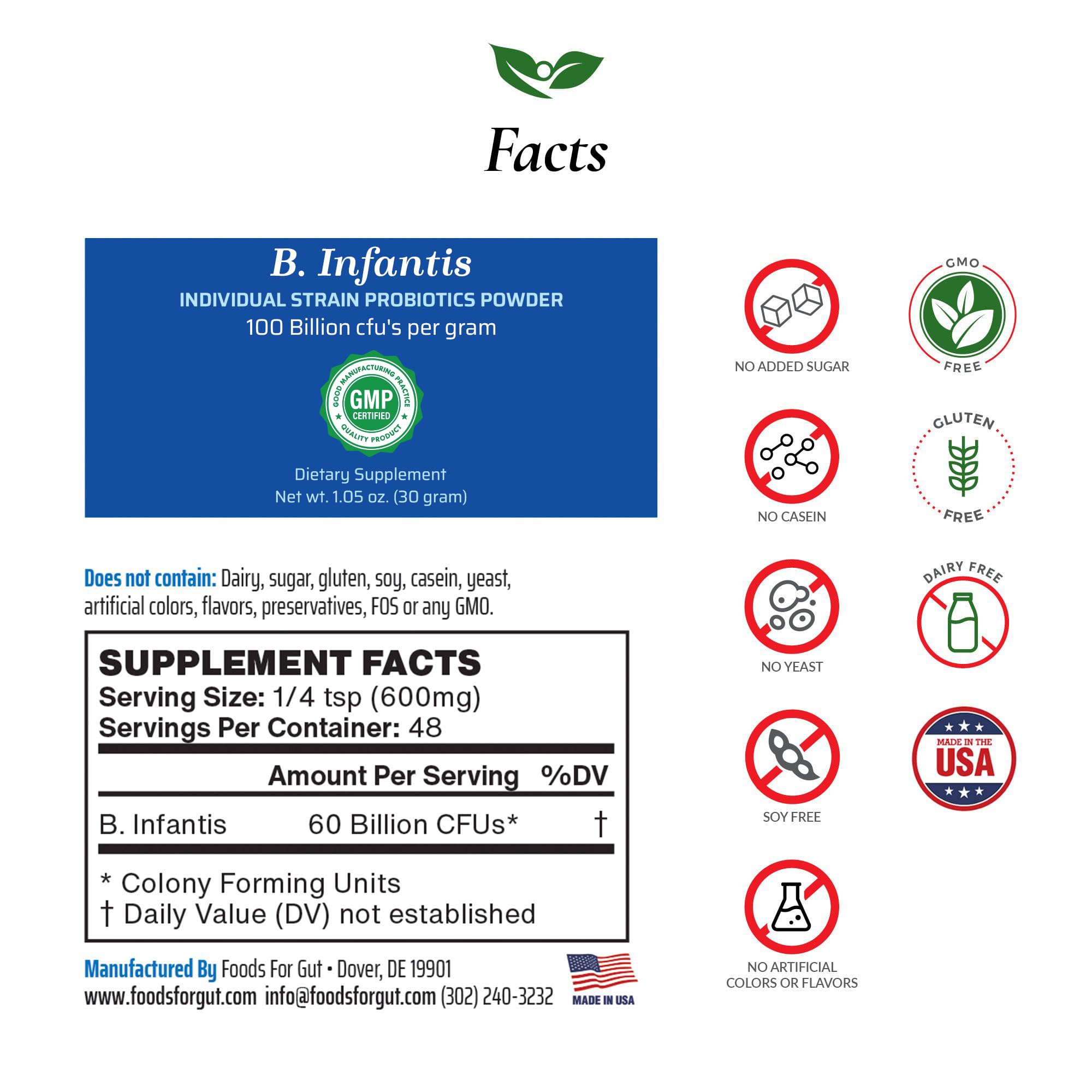 Foods For Gut Bifidobacterium Infantis Probiotic Powder 100 Billion cfu's | Digestive & Immune Support | High Potency | B. Infantis | 30 Grams (1.05 Oz)