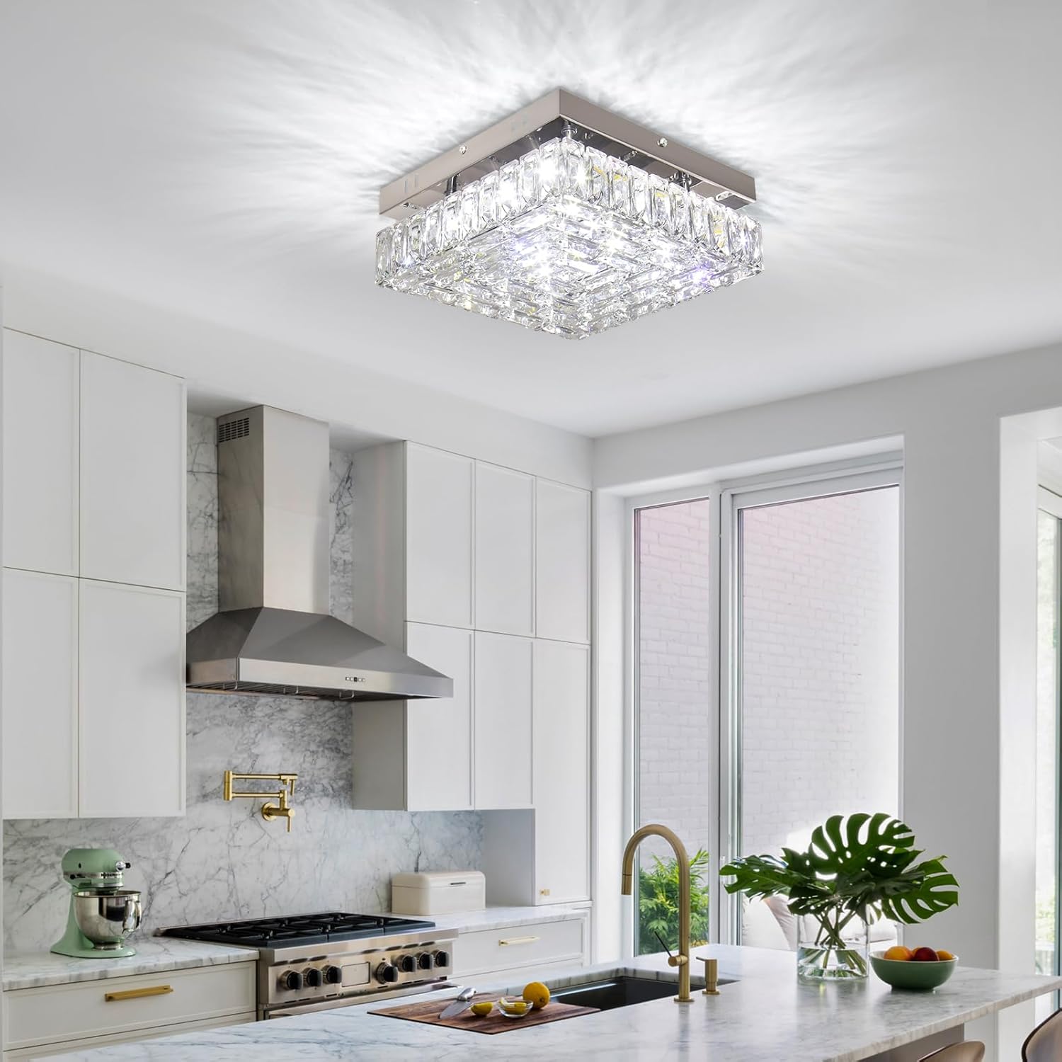 FRIXCHUR 10.6" Crystal Ceiling Light Modern Crystal Chandelier LED Flush Mount Ceiling Light Fixture Mini Square Chandeliers for Bedroom Hallway Kitchen Foyer (Cool White)