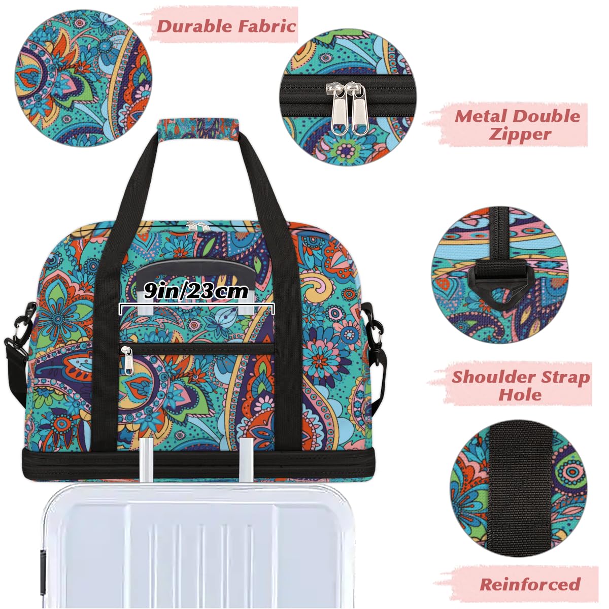 Bolsa de viaje plegable con patrón de cachemira, 47 L, bolsa de fin de semana con funda de carrito húmeda, bolsa de hombro separada para deportes, gimnasio, viajes, multicolor, 47L, Bolsa de viaje