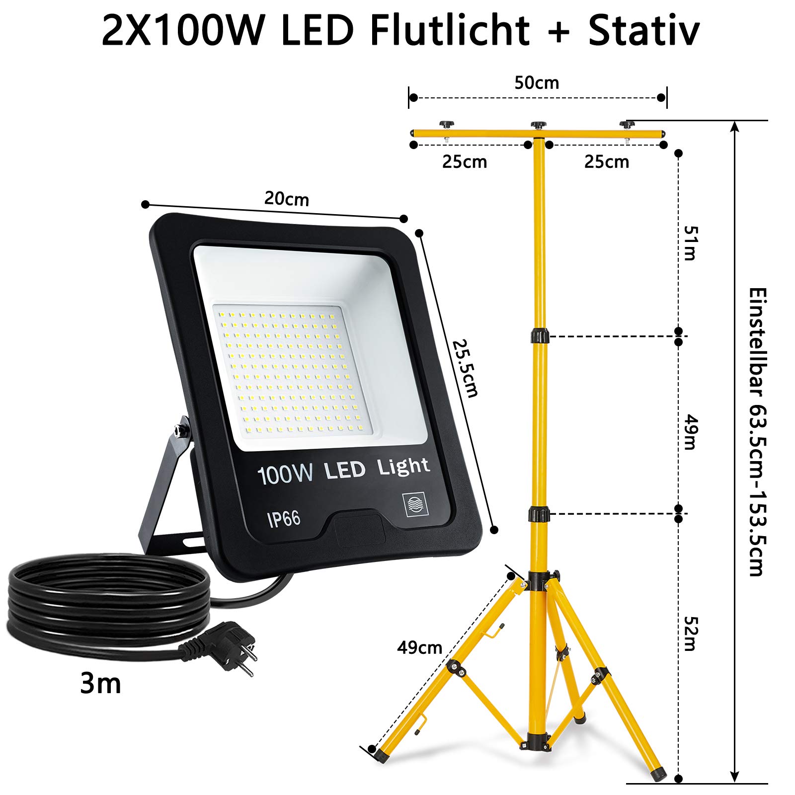 UISEBRT 100W LED Bouwlamp Warm wit LED Schijnwerper incl. Standaard en Netsnoer, Werklamp, Waterdicht IP66, voor binnen en buiten, garage, tuin, sportveld, bouwplaats
