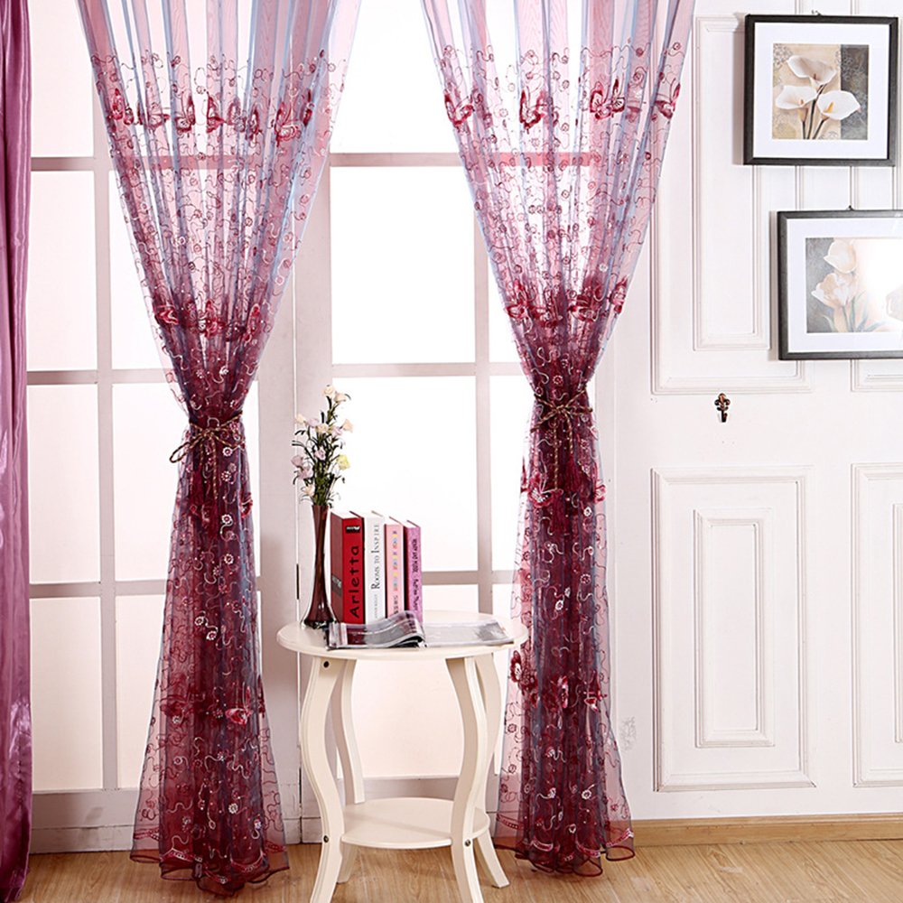 Amazon｜Pureaqu おしゃれ レースカーテン 刺繍 蝶図案 スパンコール