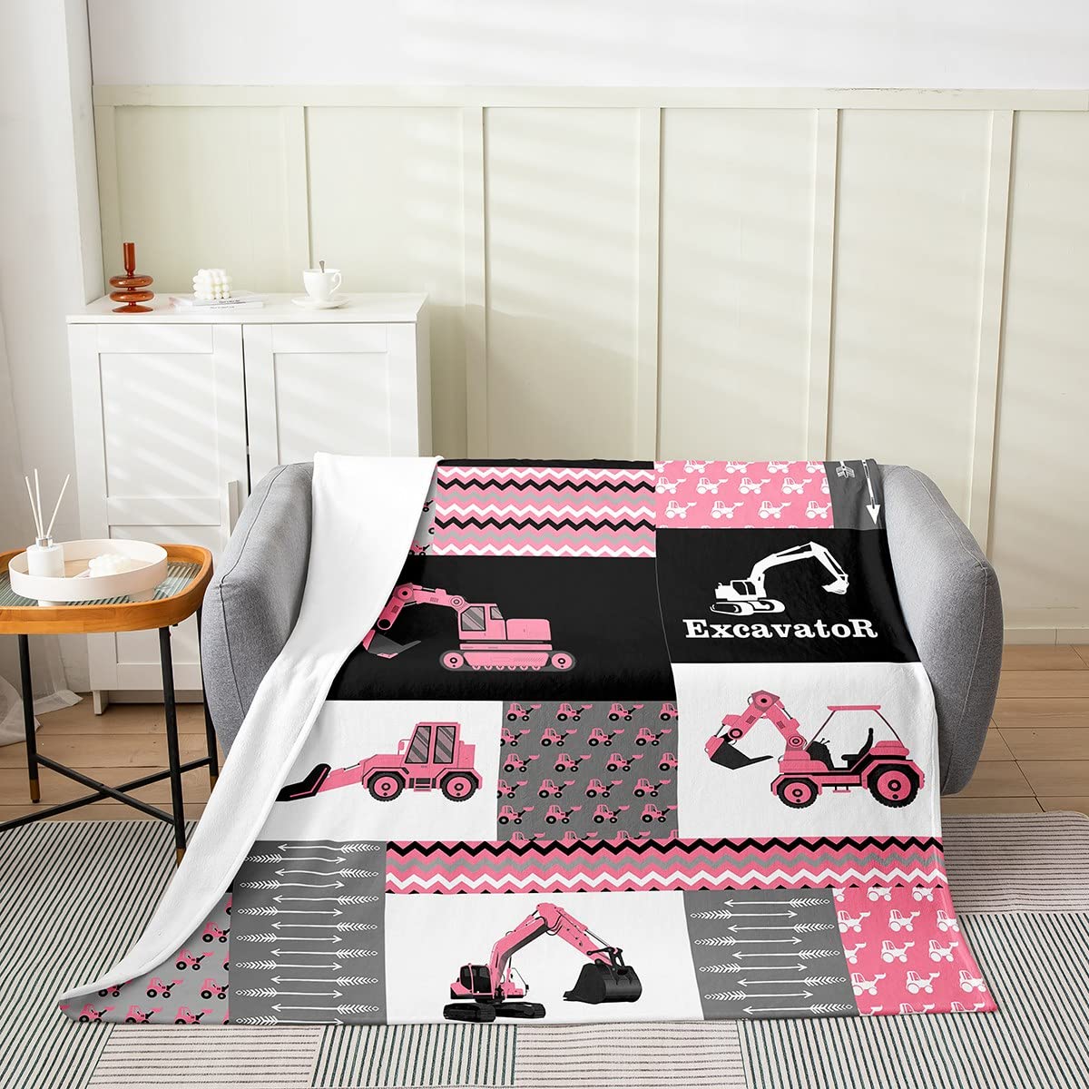 Pink Excavator Flannel Fleece Throw Blanket,Construction Vehicles Bed Blanket Equipment Trucks Fuzzy Blanket for Bed Sofa Couch,Bedroom Decor Cartoon Car Plush Blanket Baby 30