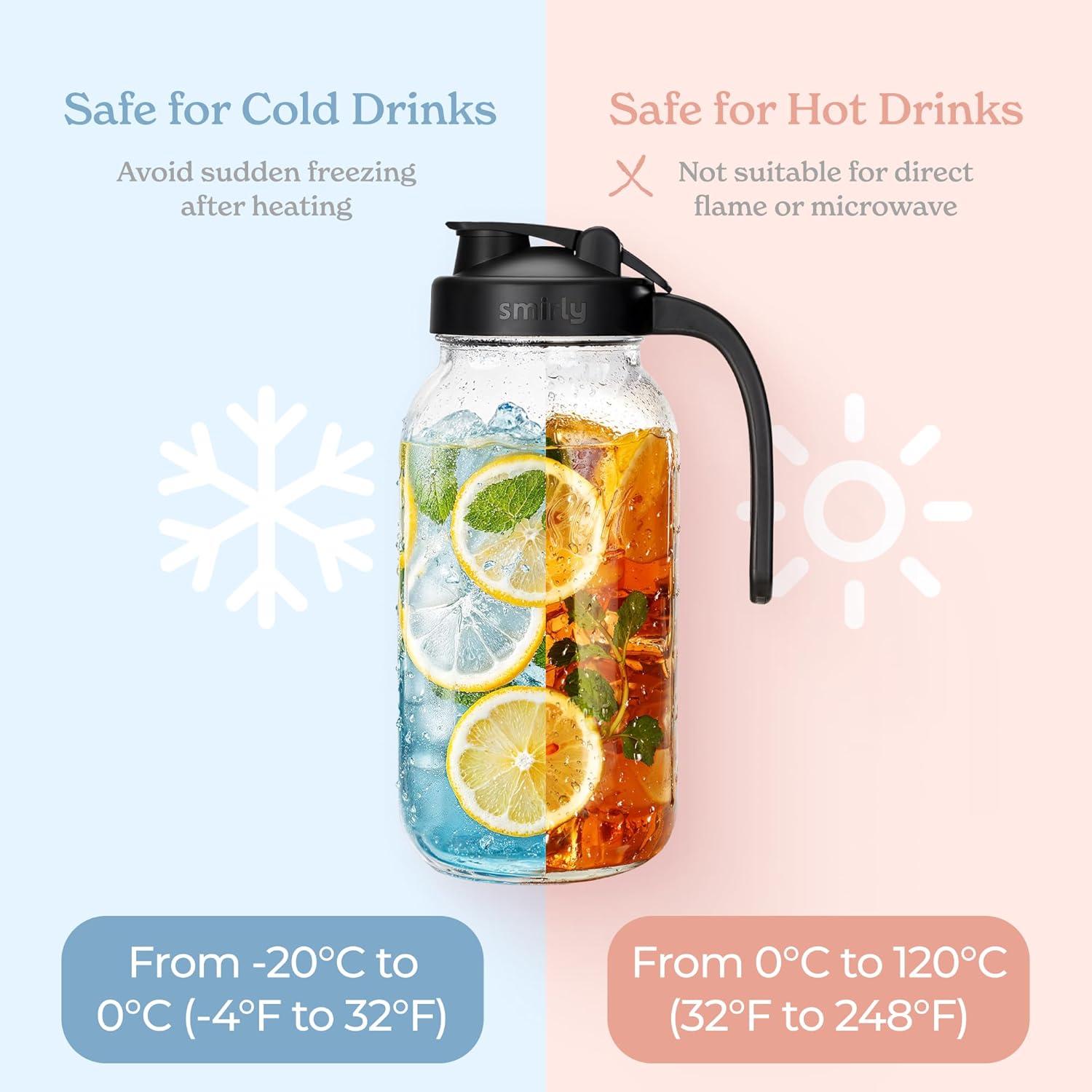 SMIRLY 64 oz Mason Jar Pitcher,Glass Pitcher with Wide Mouth,Water Jug with Double Leak Proof Lid for Iced Coffee,Hot Water,Breast Milk - Image 6