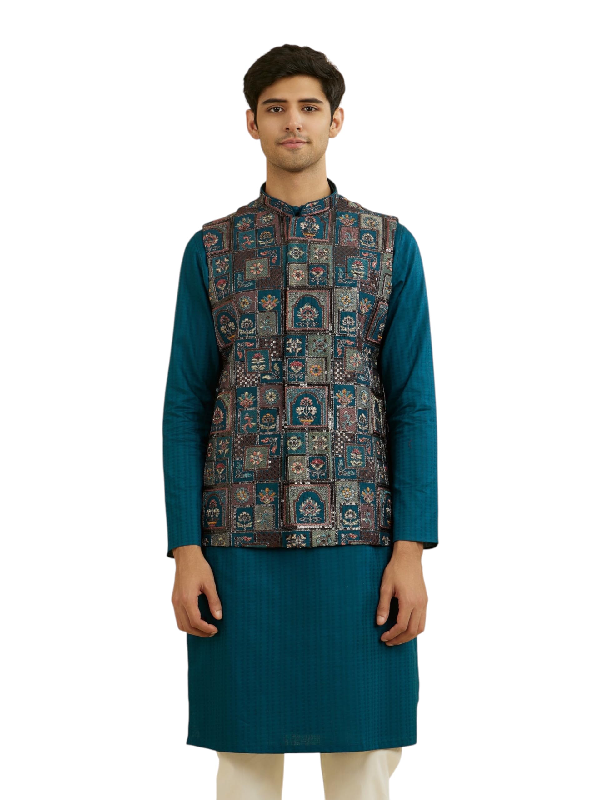 manyavar Men's Art Silk Embroidered & Sequinned Waist-Length Nehru Jacket (Blue,M)-picture-22