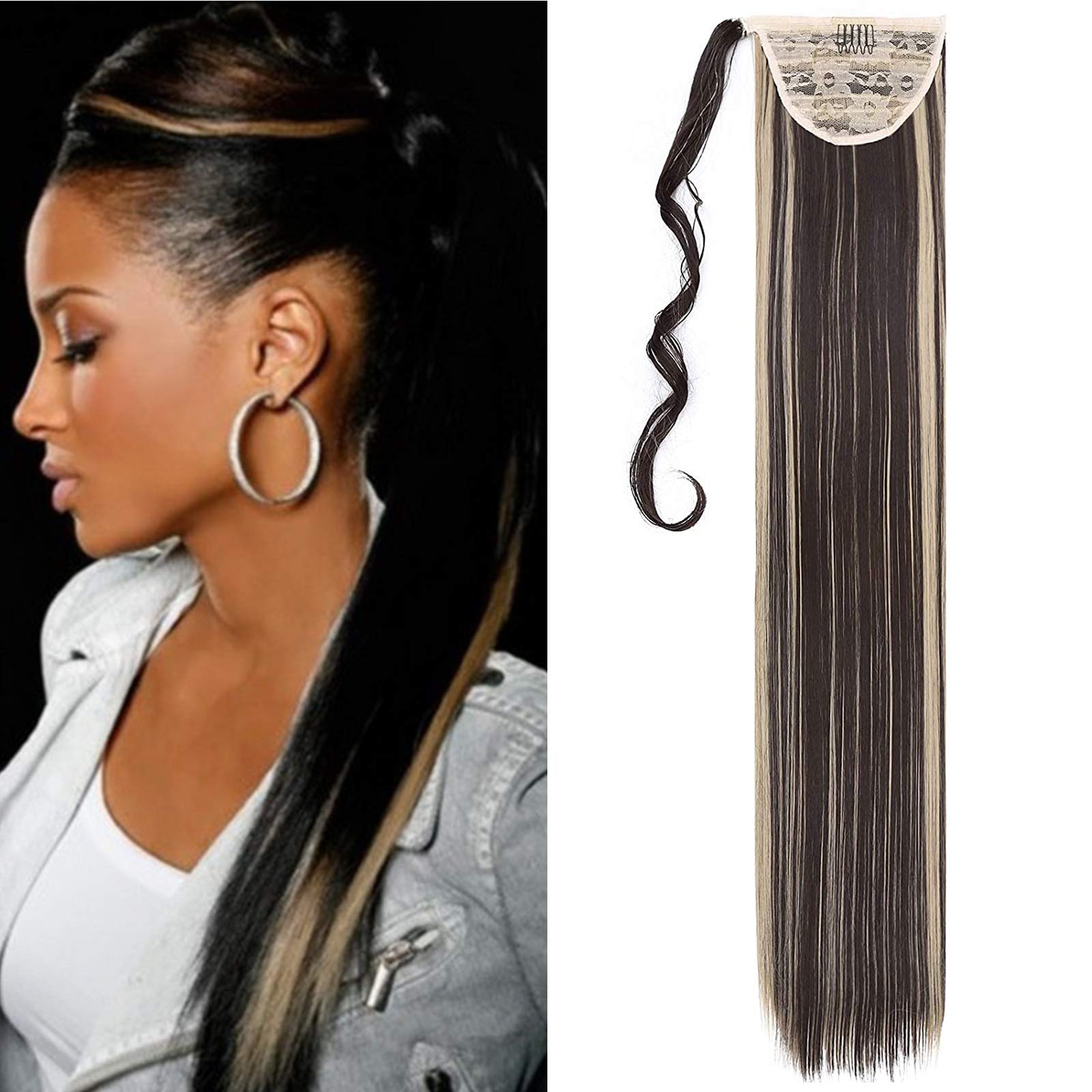 32"(81cm) SEGO Coleta Postiza Larga Pelo Sintético Se Ve Natural [Castaño Oscuro] Extensiones de Cabello Clip Cola Lisa Ponytail Extension (140g) — view 55