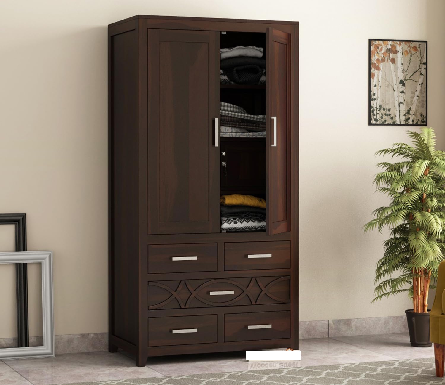 AARZOO FURNITURE Solid Sheesham Wood 5-Drawer Wardrobe with 4 Shelves & Locker Storage for Bedroom | Wooden Almirah for Clothes (Walnut Finish)