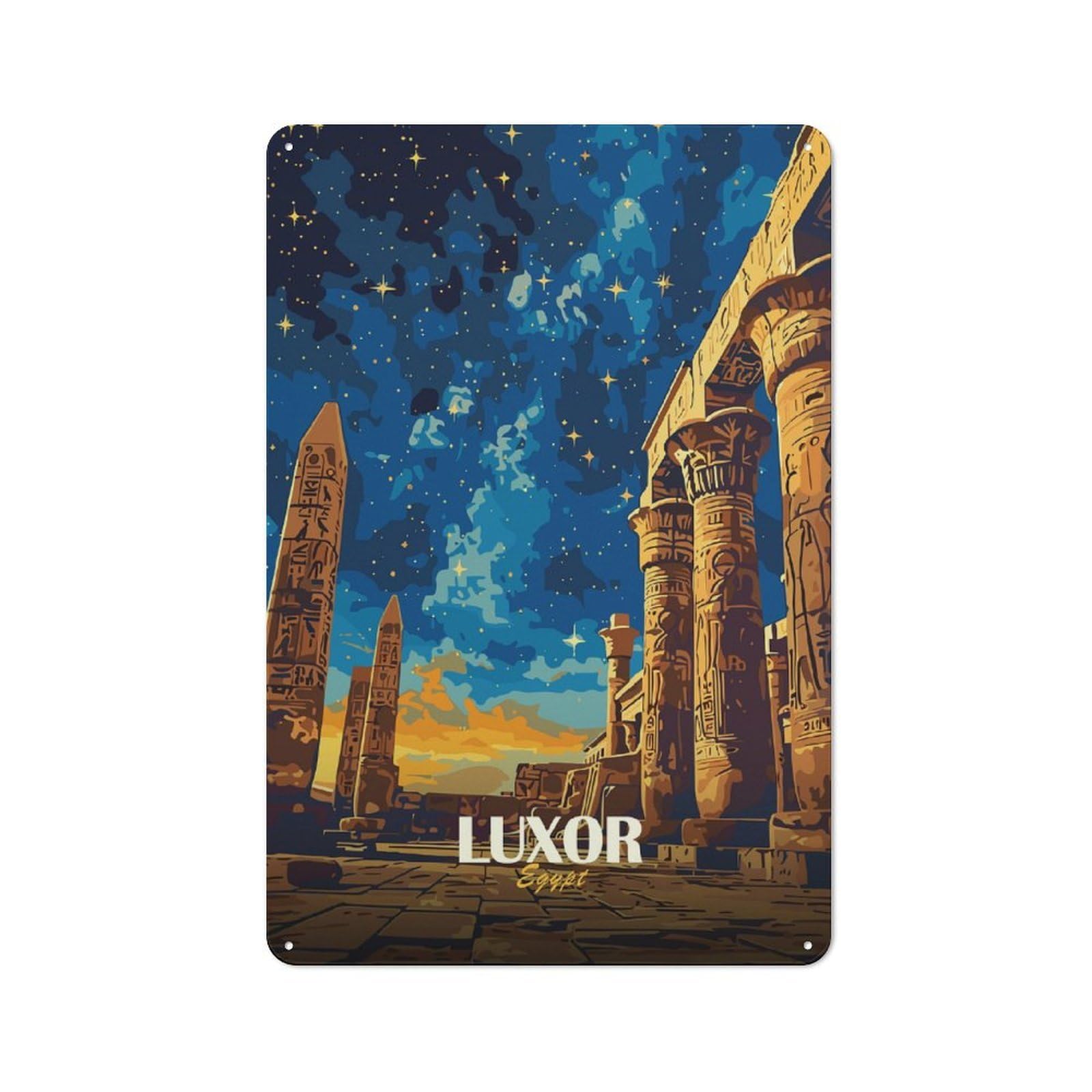 Junmoney Style-12 Luxor Egypt Ancient Ruins At Night Decorative Tin Plaque 30X20cm, Decorative Novelty Wall Art For Hallway, Home Bar, Garage Or Study