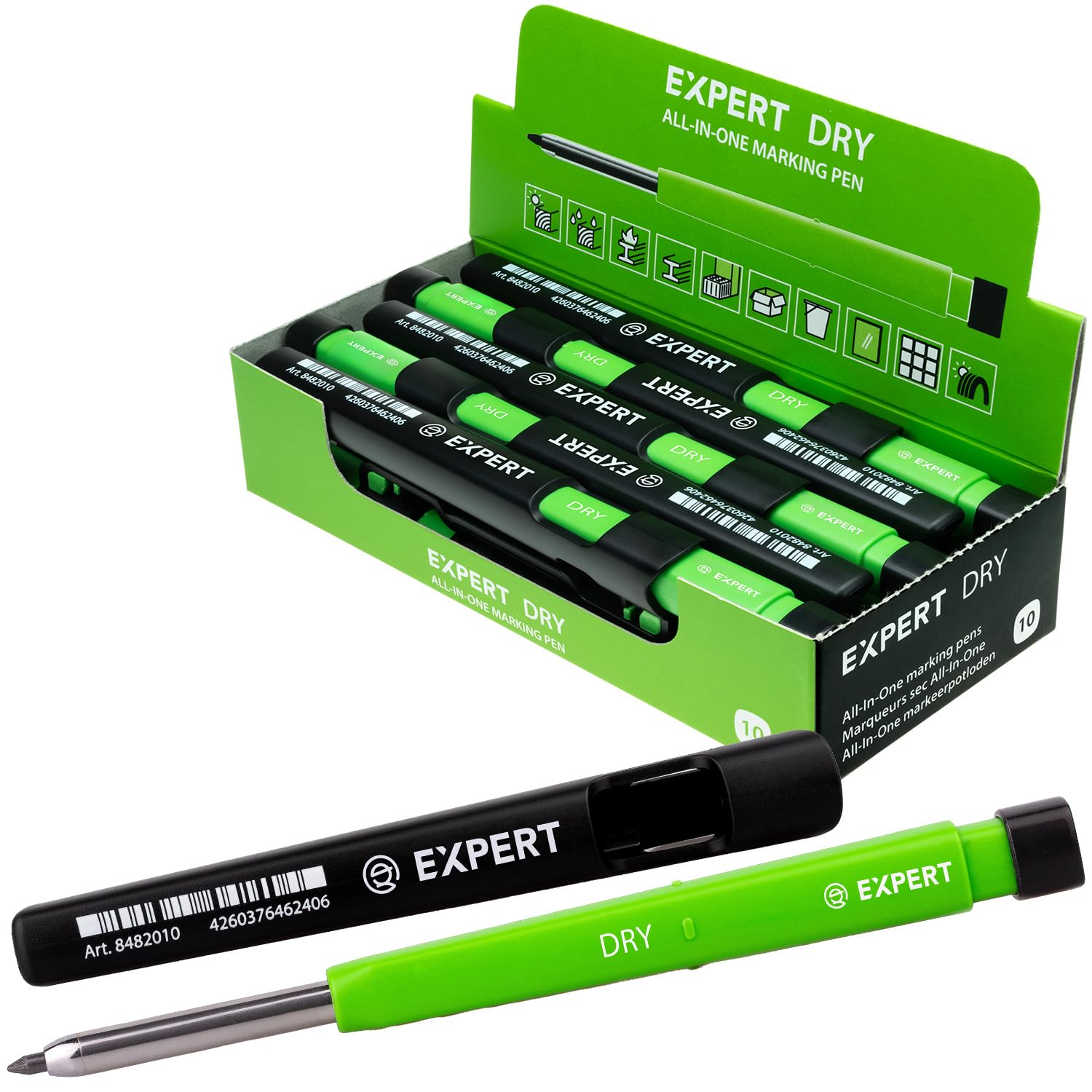 EXPERT DRY Lot de 10 marqueurs tout-en-un avec mine en graphite | Marqueur à trous profonds rechargeables avec mine automatique | Polyvalent sur bois, verre, métal | Crayon de charpentier avec