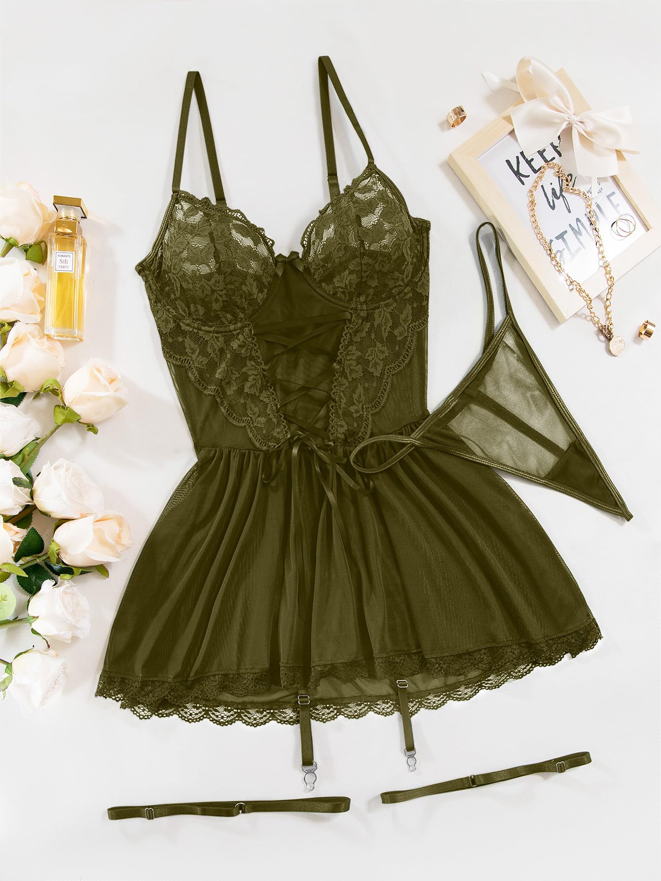Lilosy Sexy Floral Lace Babydoll NightDress Thong Chemise Lingerie Nightwear Cute Underwire Push Up Corset Outfit with Women Mesh Sheer Nightgown Slip Army Green Small: XX-Large Army Green