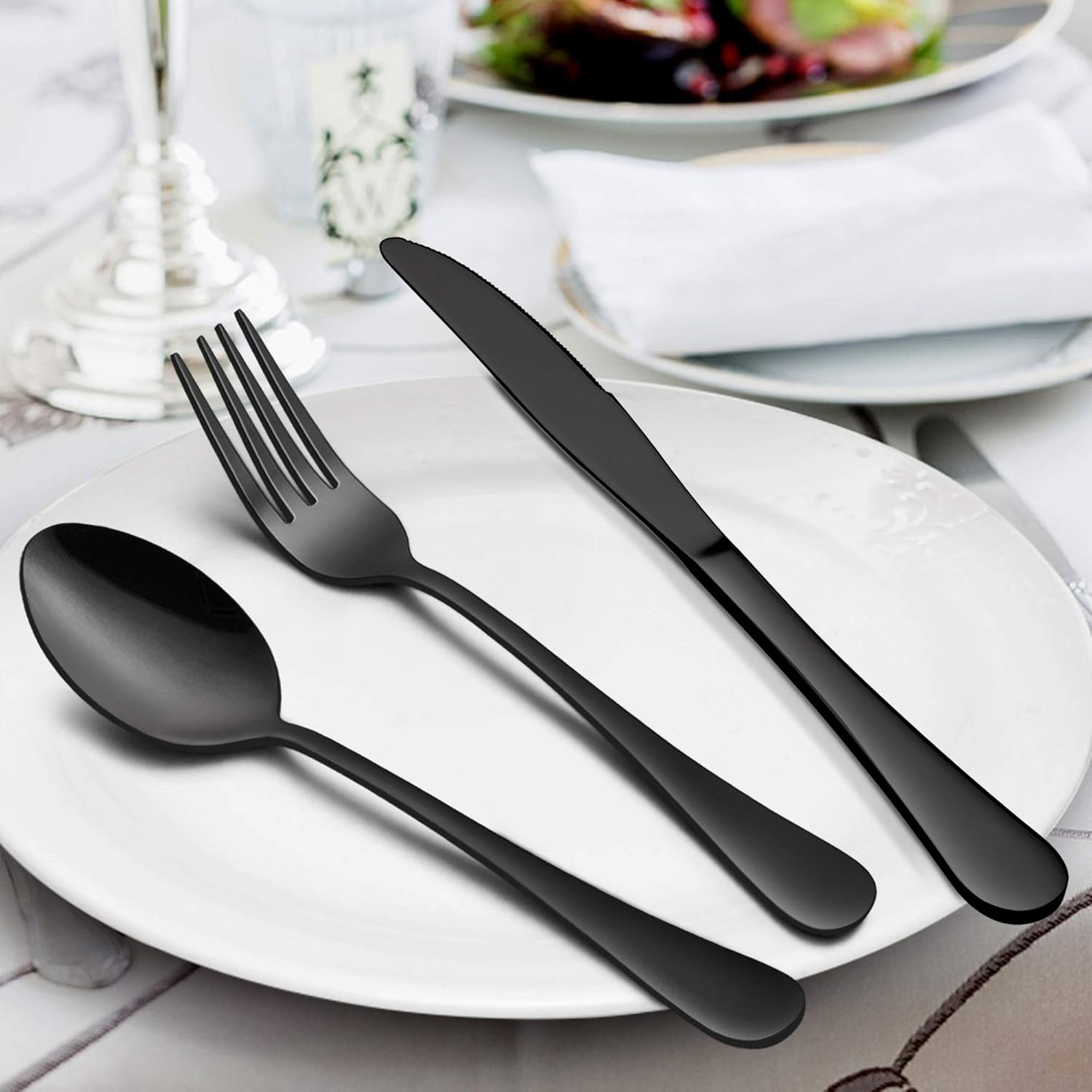 LIANYU 46-Piece Black Silverware Flatware Set for 8, Stainless Steel Flatware with Serving Utensils, Elegant Cutlery Tableware Includes Forks Spoons Knives, Mirror Polished