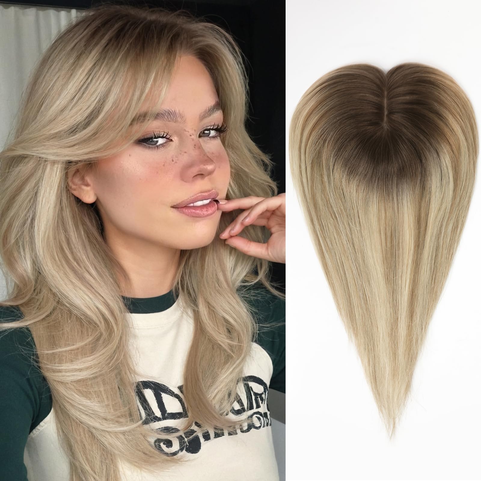 HAIRCUBE Haartopper echtes Menschenhaar für Frauen Ombre T2-#6/#613 Haartopper mit Pony 120% Dichte Seide Basisclip in Topper 14 Zoll 40 Gramm