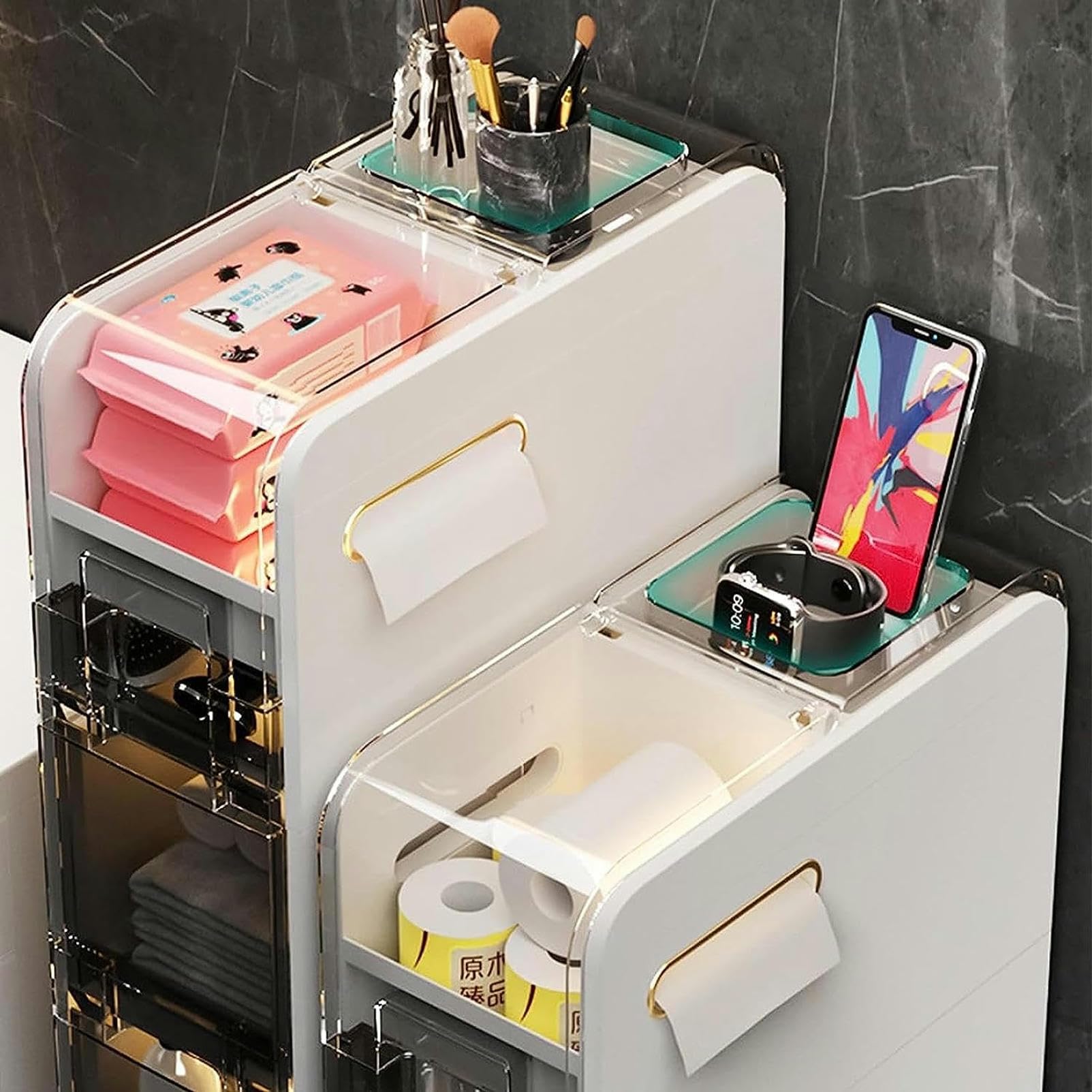 Cajones de almacenamiento apilables, gabinete de piso para baño, unidad de almacenamiento Vertical con cajones transparentes y ruedas, Torre de almacenamiento delgada, al