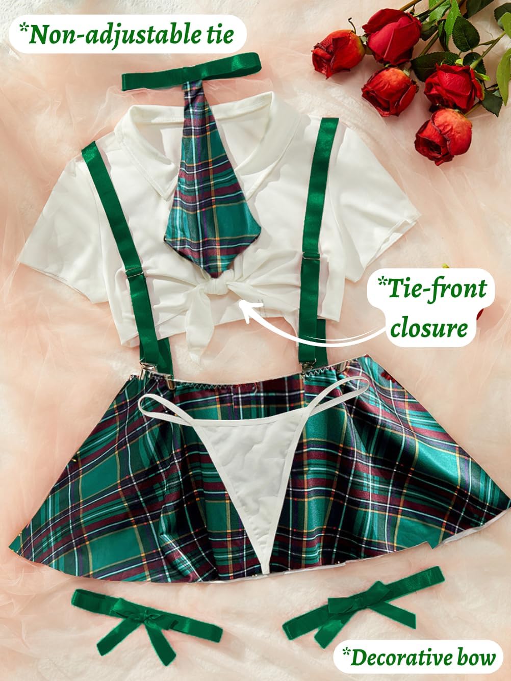 5 Piece Cosplay Costumes For Women,Halloween Lingerie Outfits,Tie Crop Top & Plaid Skirt Set - Image 4