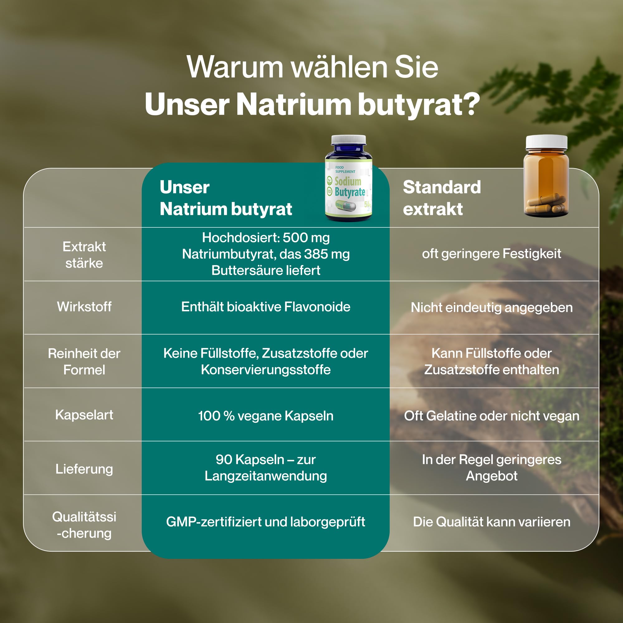 Hepatica Natriumbutyrat 500 mg | liefert 385 mg Buttersäure | 90 vegane Kapseln | GMP & Laborgeprüft