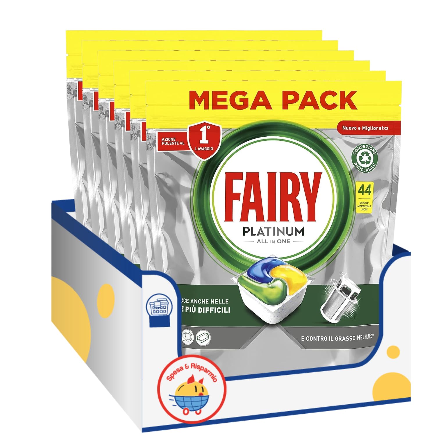 Pastiglie Lavastoviglie Limone – 44 Capsule – Tutto in 1 kit con Spugna Brandizzata SPESA & RISPARMIO Inclusa – Variazioni 2/4/6 Pezzi (6)