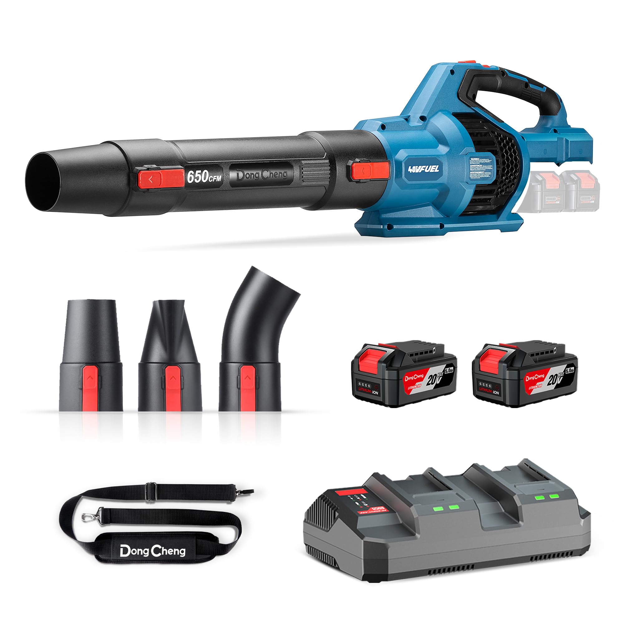 Dong Cheng Soplador de Hojas a Batería 2x20V, Caudal 1105 m³/h, Velocidad del Aire de hasta 225 km/h, 2 Baterías 4,0Ah, 6 Velocidades, Modo Turbo, 3 Boquillas, para Jardín, Calles, Nieve y Obra
