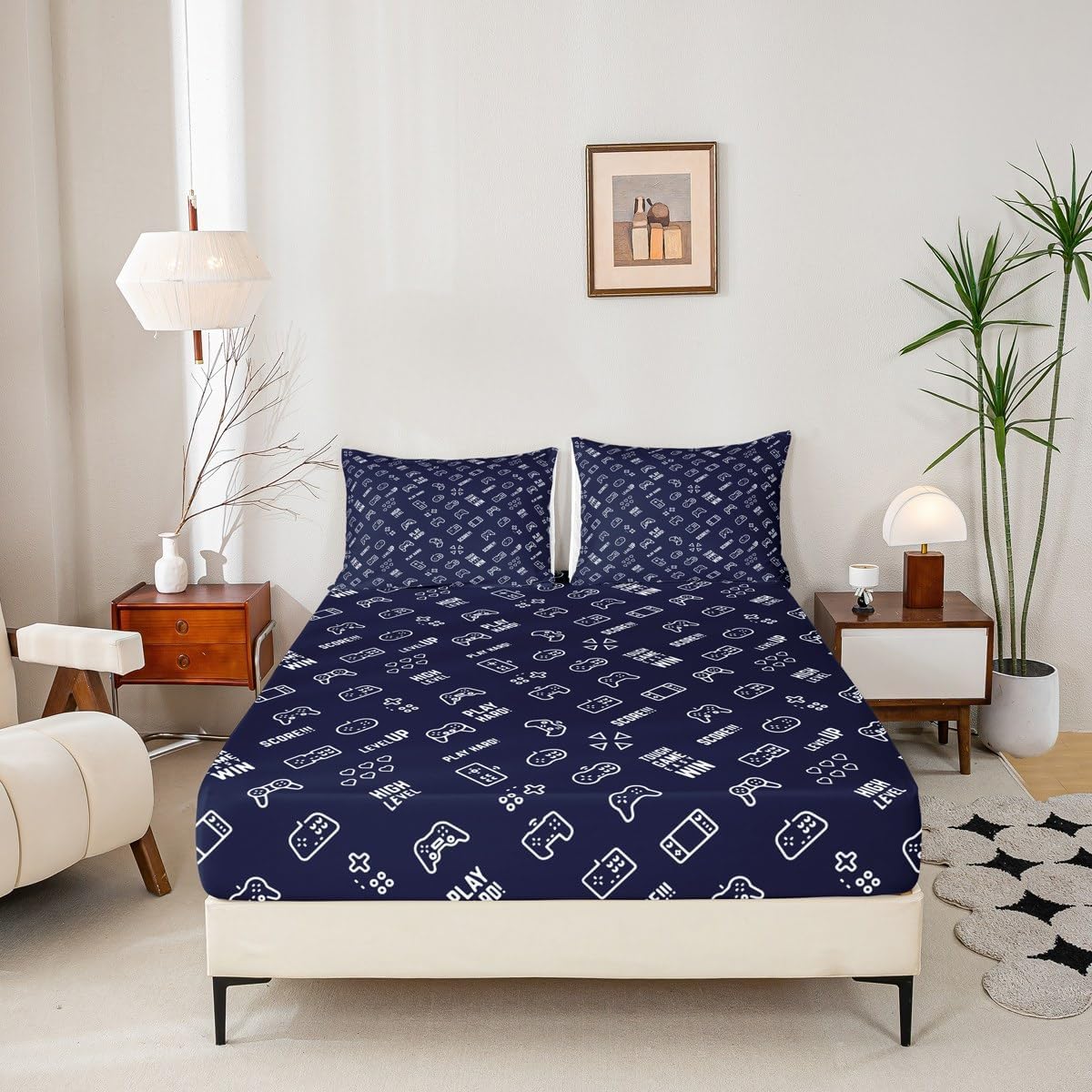 Manfei Gaming Gamepad Sheet Set Queen,Boys Kids Video Game Controller Bedding 4pcs with Deep Pocket Fitted + Flat 2 Pillowcases,Modern Gamer Room Decor,Inky Blue Fashion Bed image 5