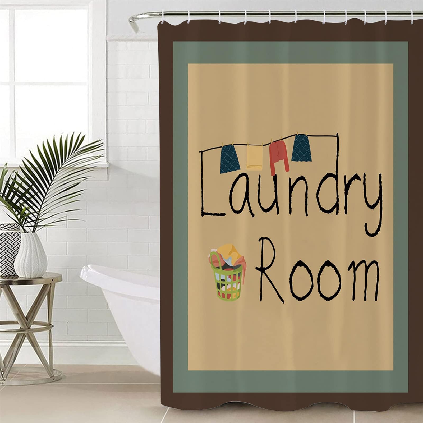 SIGOUYI Shower Curtain 60x72 inches Long, Waterproof Bathroom Curtain with Hooks for Showers, Stalls & Bathtubs, Laundry Room Drying Clothes on Retro Brown Green Yellow Washable Shower Curtain Set