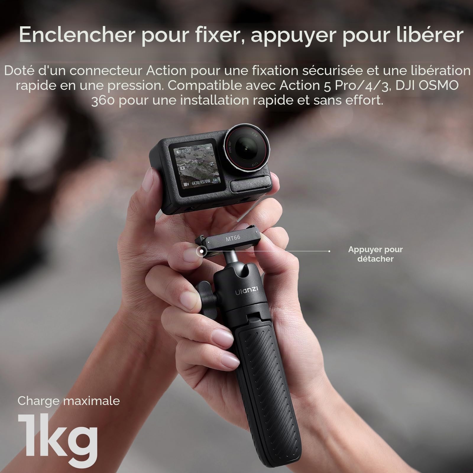 ULANZI MT66 Trépied pour caméra d'action, Support Adaptateur magnétique à dégagement Rapide pour DJI Osmo 360 Nano Action 5 Pro 4, Perche à Selfie/Mini trépied