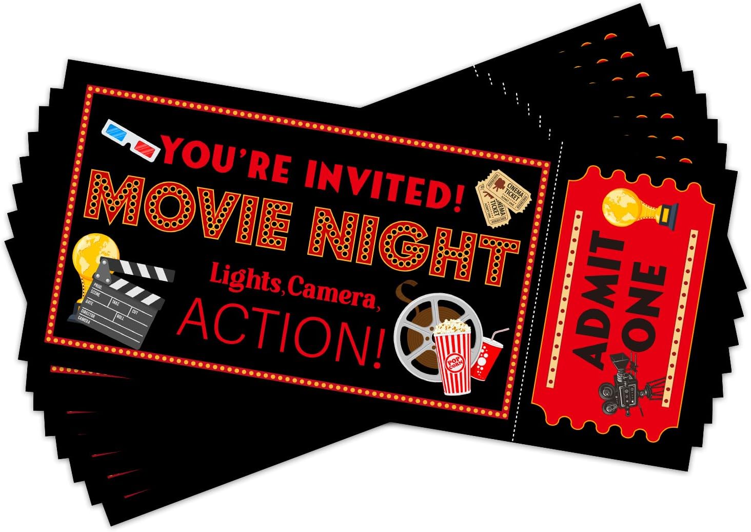 Movie Night Birthday Ticket Invitations, Movie Party Invitations for Teens Adults Boys Girls, Birthday Party Favor & Supplies, 20 Ticket Invite Cards With Envelopes -008