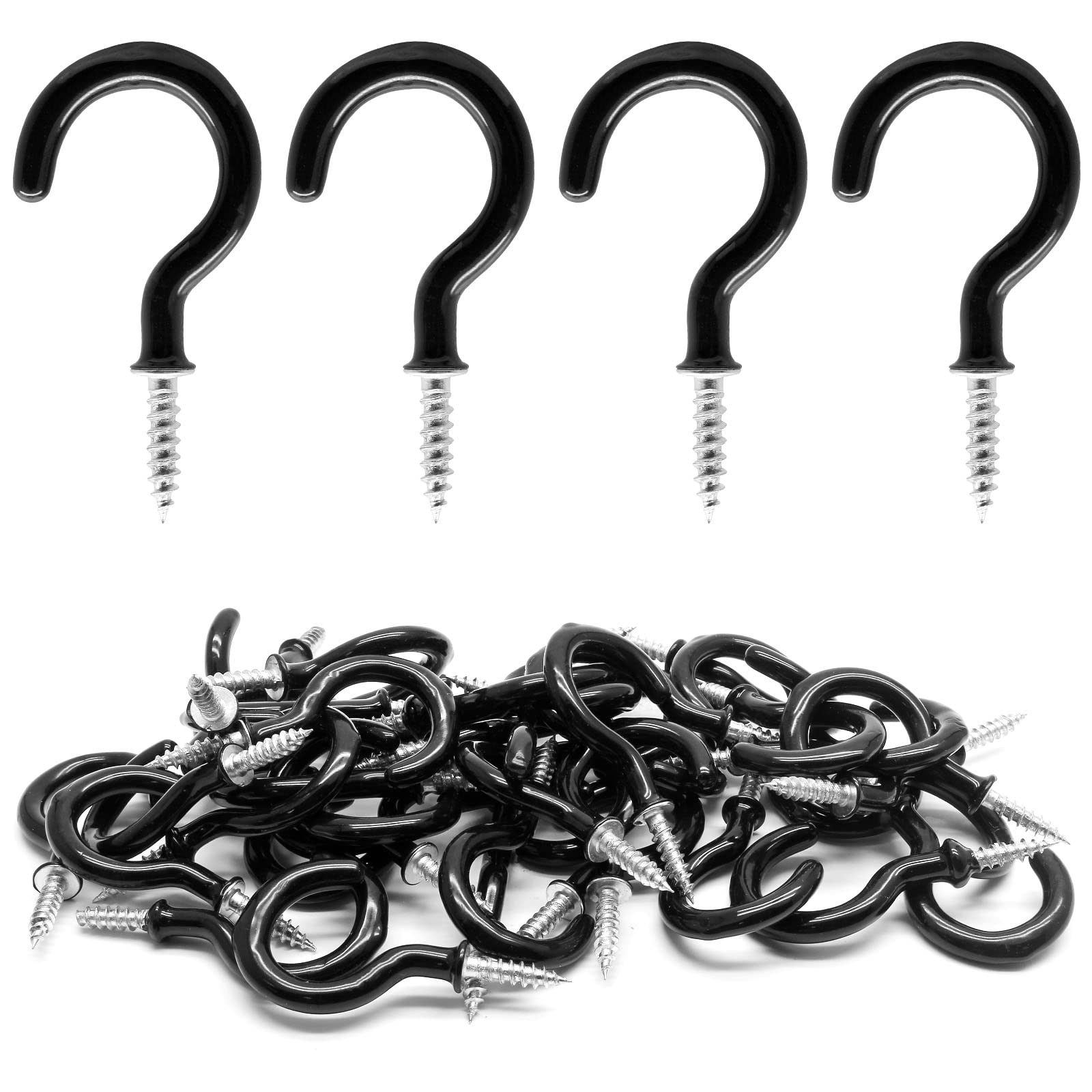 Biaungdo 60 Pcs 1-1/4" Ceiling Cups Hooks Screw Hooks Ceiling Cup Hooks Self-Tapping Screws Hooks Black