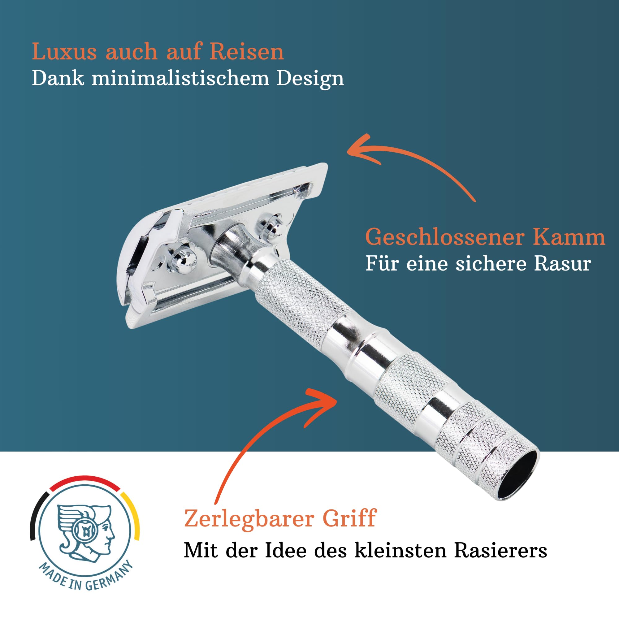 MERKUR Rasoio da viaggio di piccole dimensioni, cromato 933C, 3 pezzi, taglio dritto, ideale per rasatura bagnata, zinco, ottone, prodotto in Germania