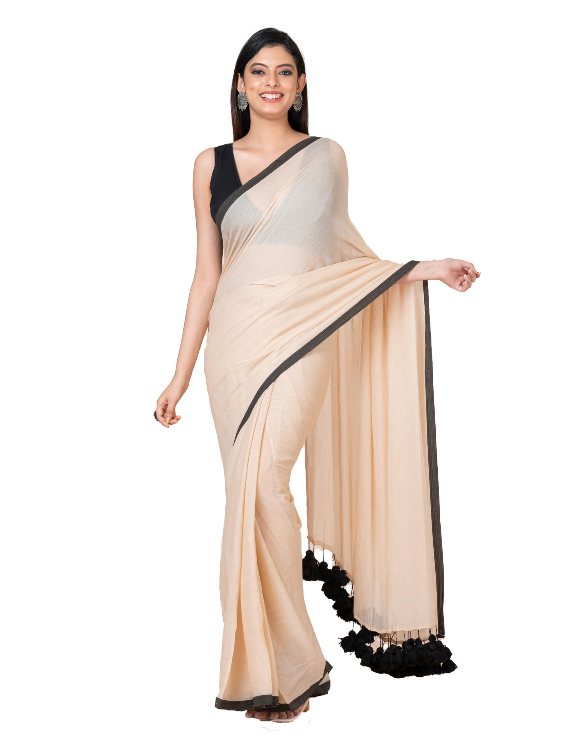 ocau Women's Handloom Plain Weave Pure Cotton Solid Saree With Contrast Border and Contrast Tassels For Casual Wear and Office Wear Without Blouse Piece l Beige and Black-picture-24