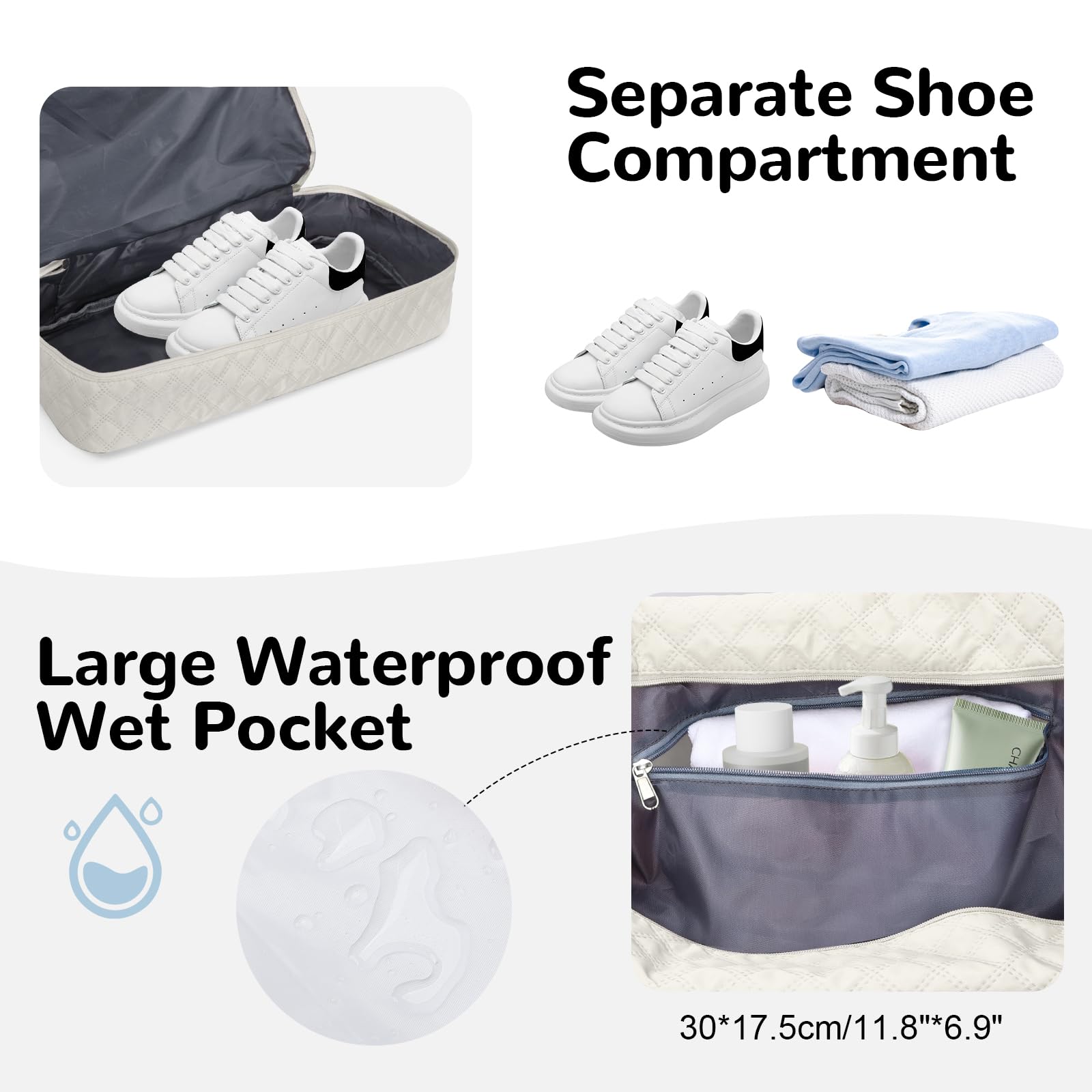 55L Borsone Viaggio Grande, Borsa Sportivo con Scomparto per Scarpe, Borsa Parto Ospedale Mamma Leggero con Borsa da Toilette per Campeggio Yoga Nascita, Bianco