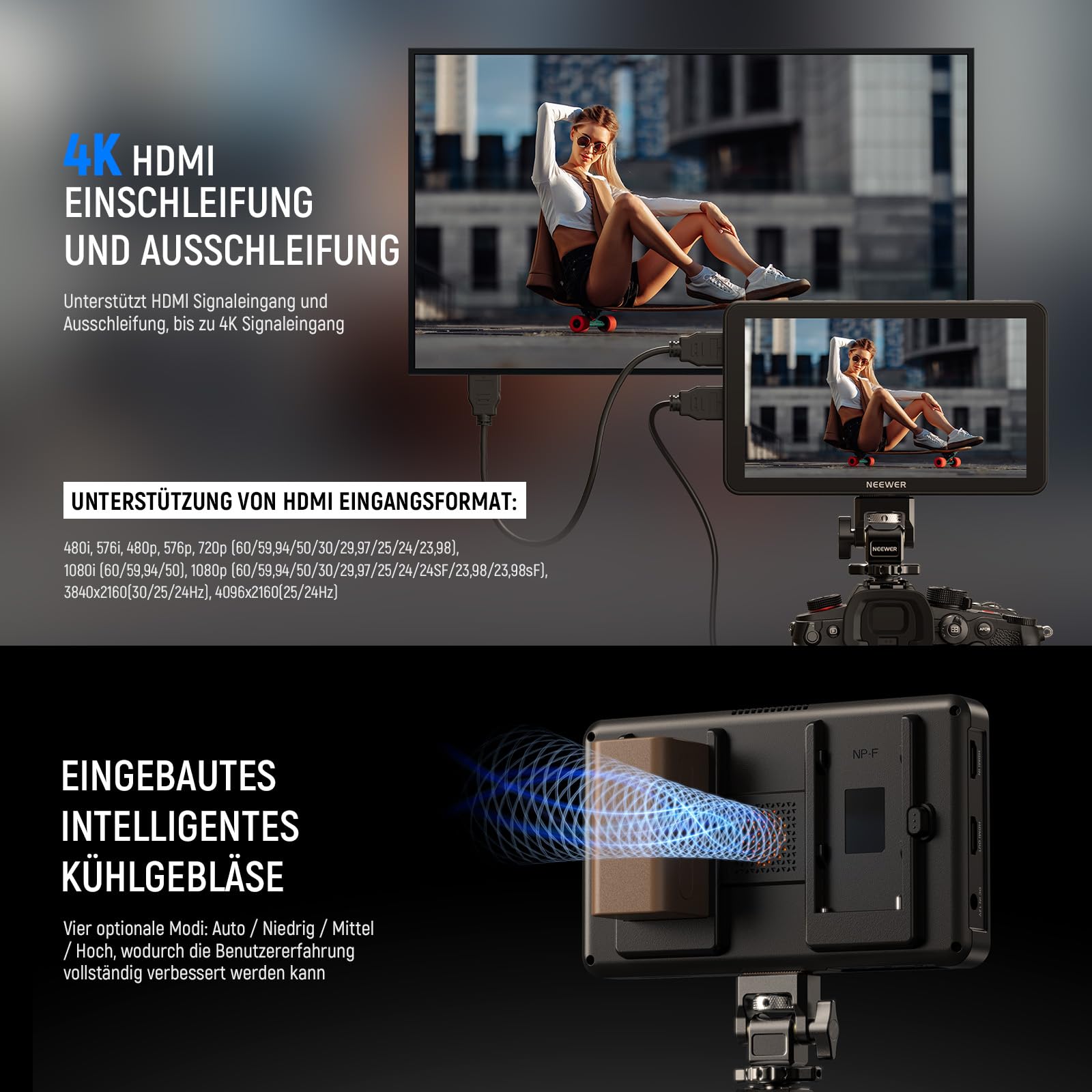 NEEWER F700 7Zoll Kamera Feld Monitor, 2000nit HD 1920 x 1080 IPS Touchscreen, 3D LUT, 4K HDMI Loop in/Out Peak Focus DSLR Video Assist HDR Waveform, Cold Shoe Mount, 2 NP-F750 Akkus, Reinigungstuch