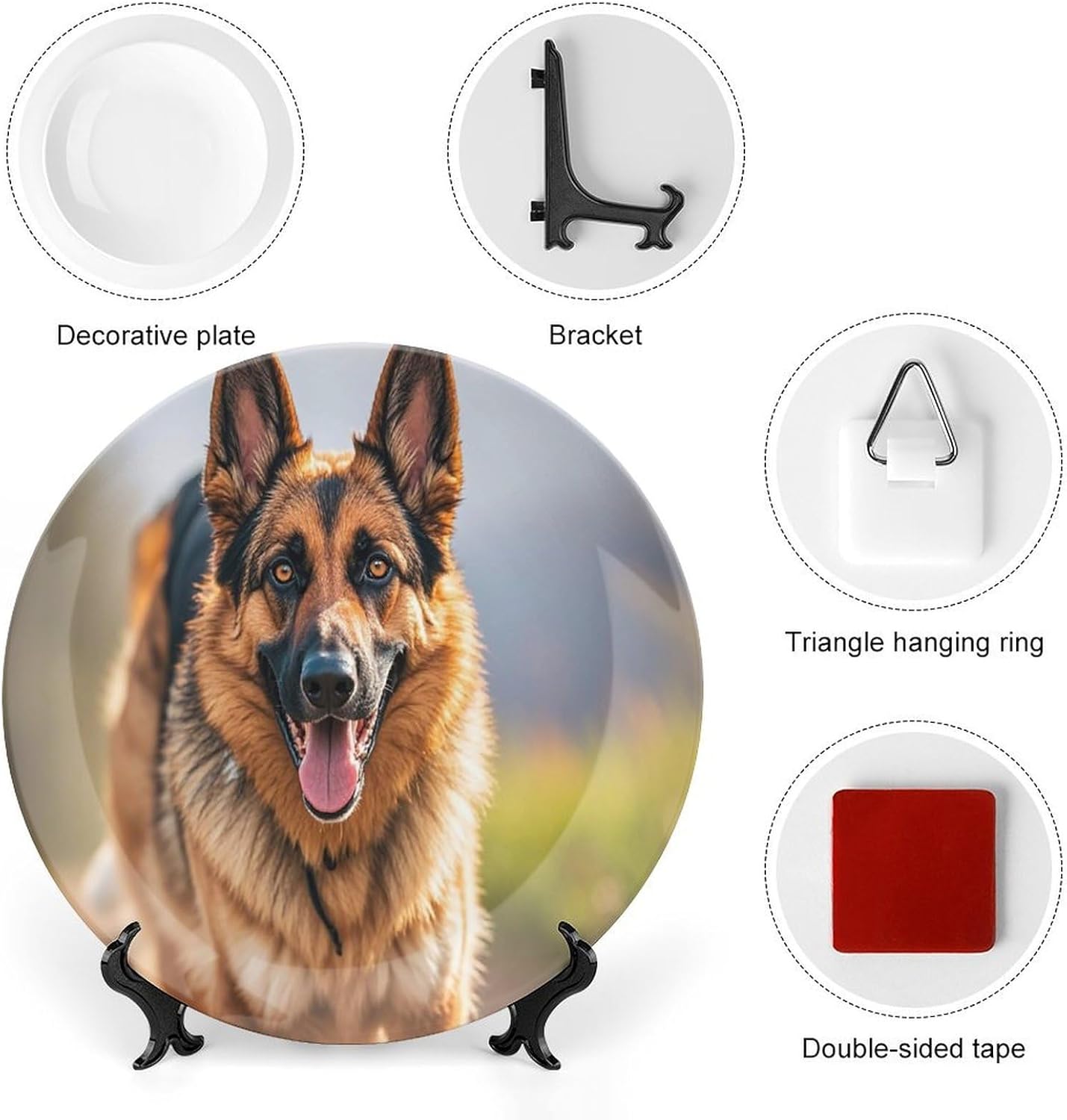 Running German Shepherd Dog Decorative Ceramic Plate Round Porcelain Plate Decor Personalized Bone China Decorative Plates Ceramic Ornaments Dessert Plates with Display Stand 10inch