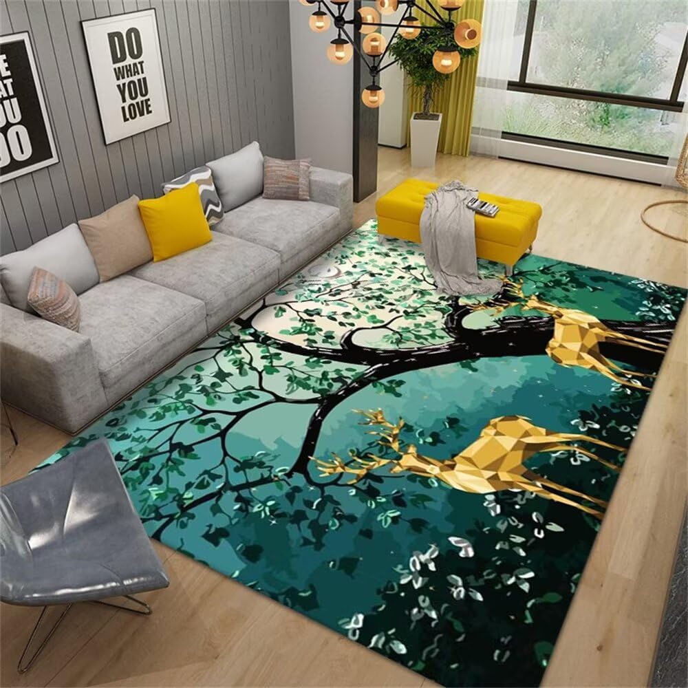 Tapis décoratif de salon à poil court vert et jaune en taille 160x220