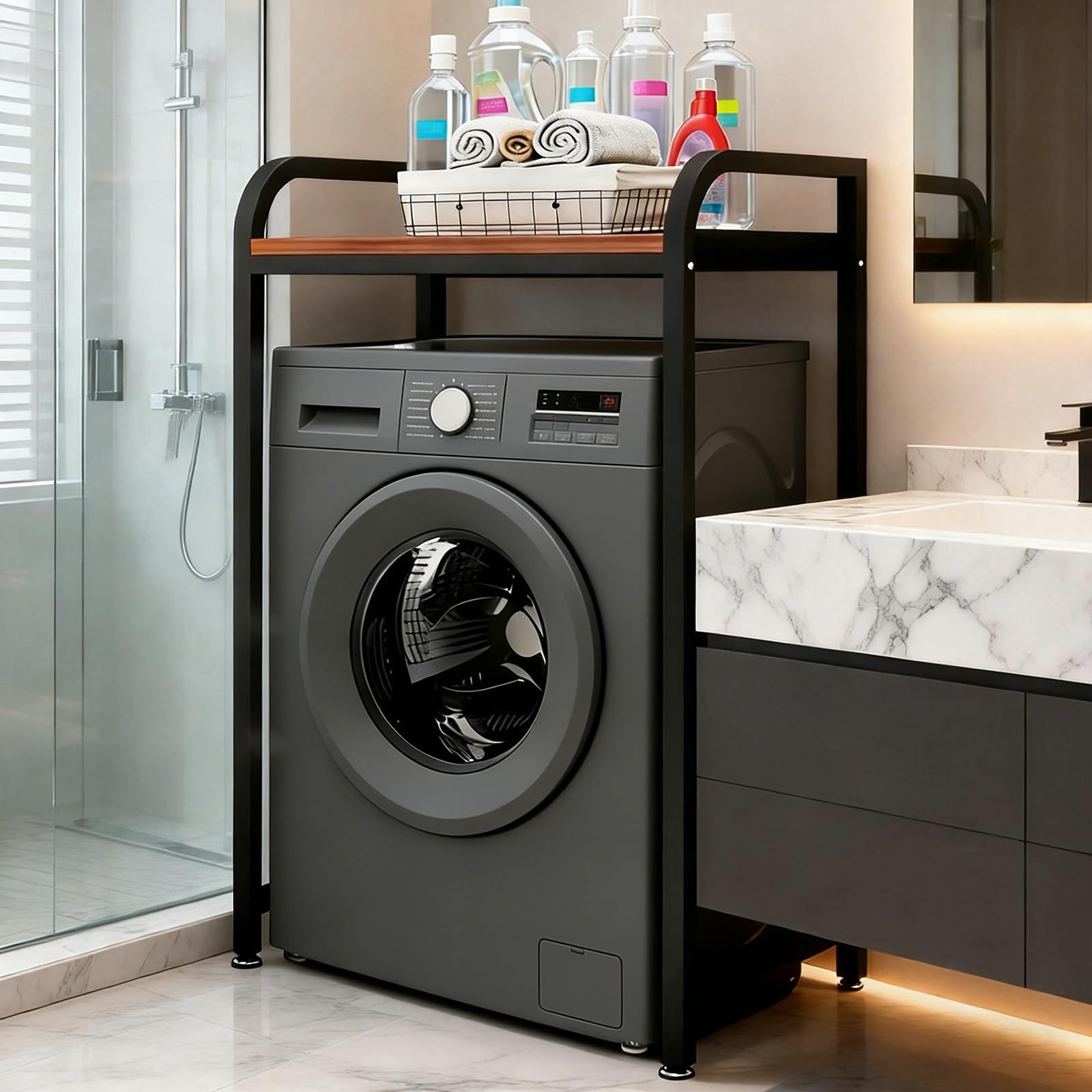 Mueble Lavadora Secadora Ajustable en Altura, Metálico Soportes para lavadoras-secadoras Carga 400kg, Estanterías para baño para Lavadora para balcón/lavadero (BlackTeak, H: 90cm/95cm/100cm)